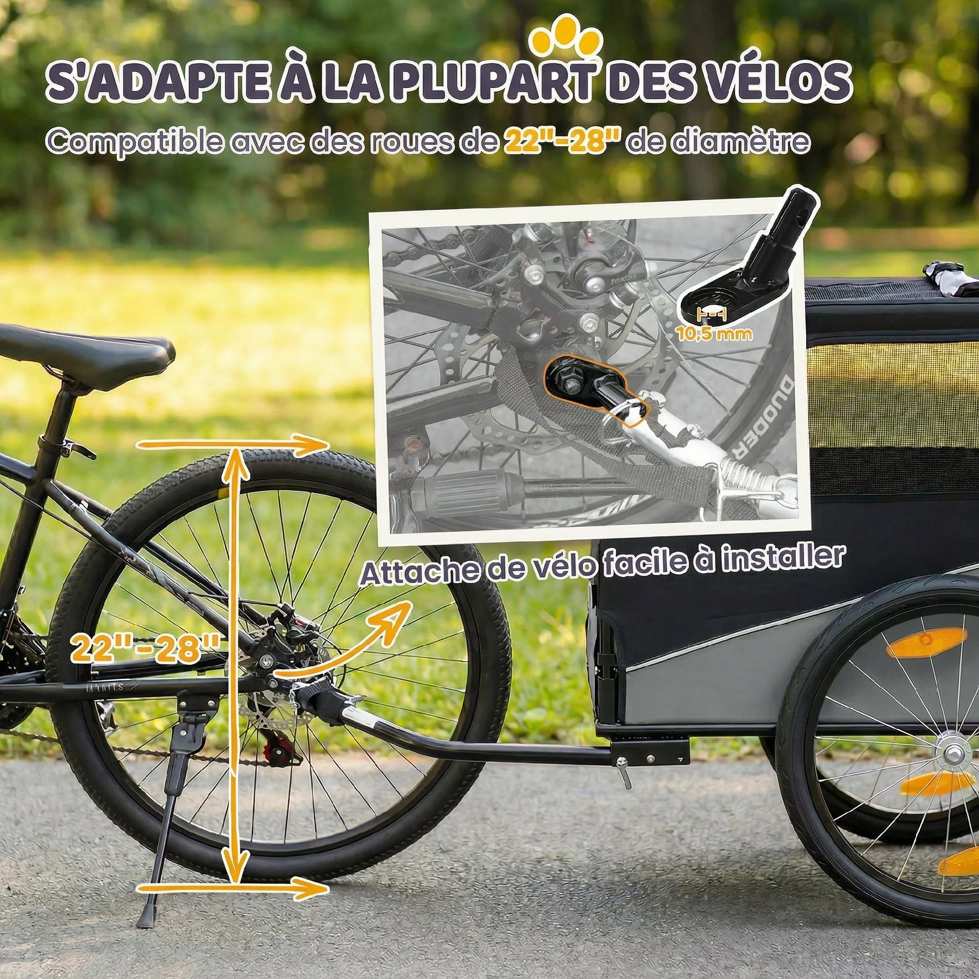 PawHut Remorque Vélo Chien avec Pneus 20" en Caoutchouc à Dégagement Rapide, Chariot pour Chien Moyen avec Attache Universelle, Réflecteurs, Drapeau, Laisse, Charge 20 kg, Gris et Noir