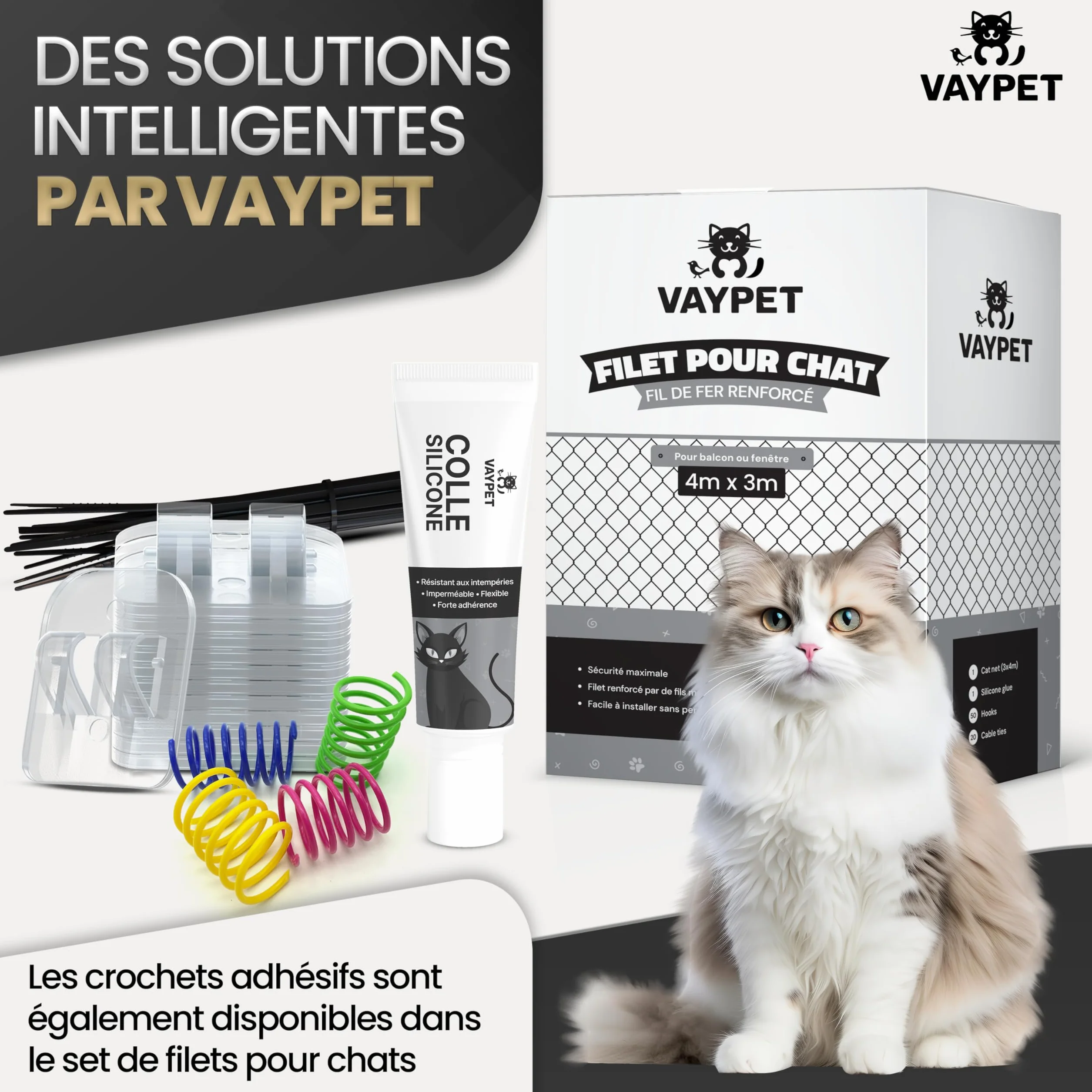 VAYPET® 100 Crochets Filet Chat Colle Silicone 60ml Fixation Attache Filet Chat Balcon sans Perçage Crochet Adhésif Extérieur Transparent