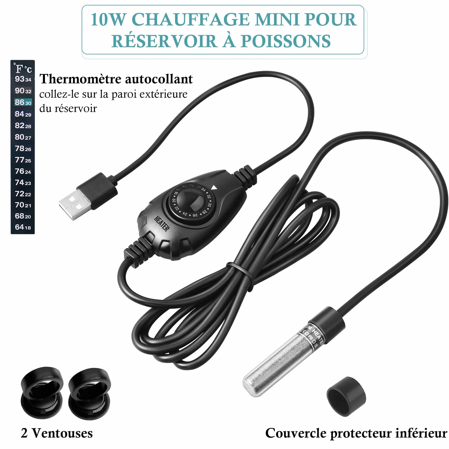 10W Chauffage Aquarium USB Ultra Mini, Chauffage Réglable Compact pour Petits Aquariums 1-10L, avec Régulateur Externe, Chauffage pour Betta et Ronds à Poissons