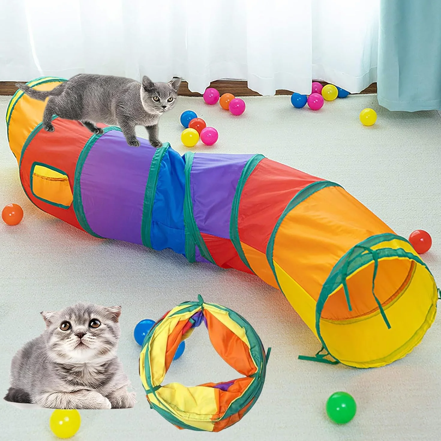 Tunnel de jeu pour chat arc-en-ciel 16 cm pliable jouet interactif