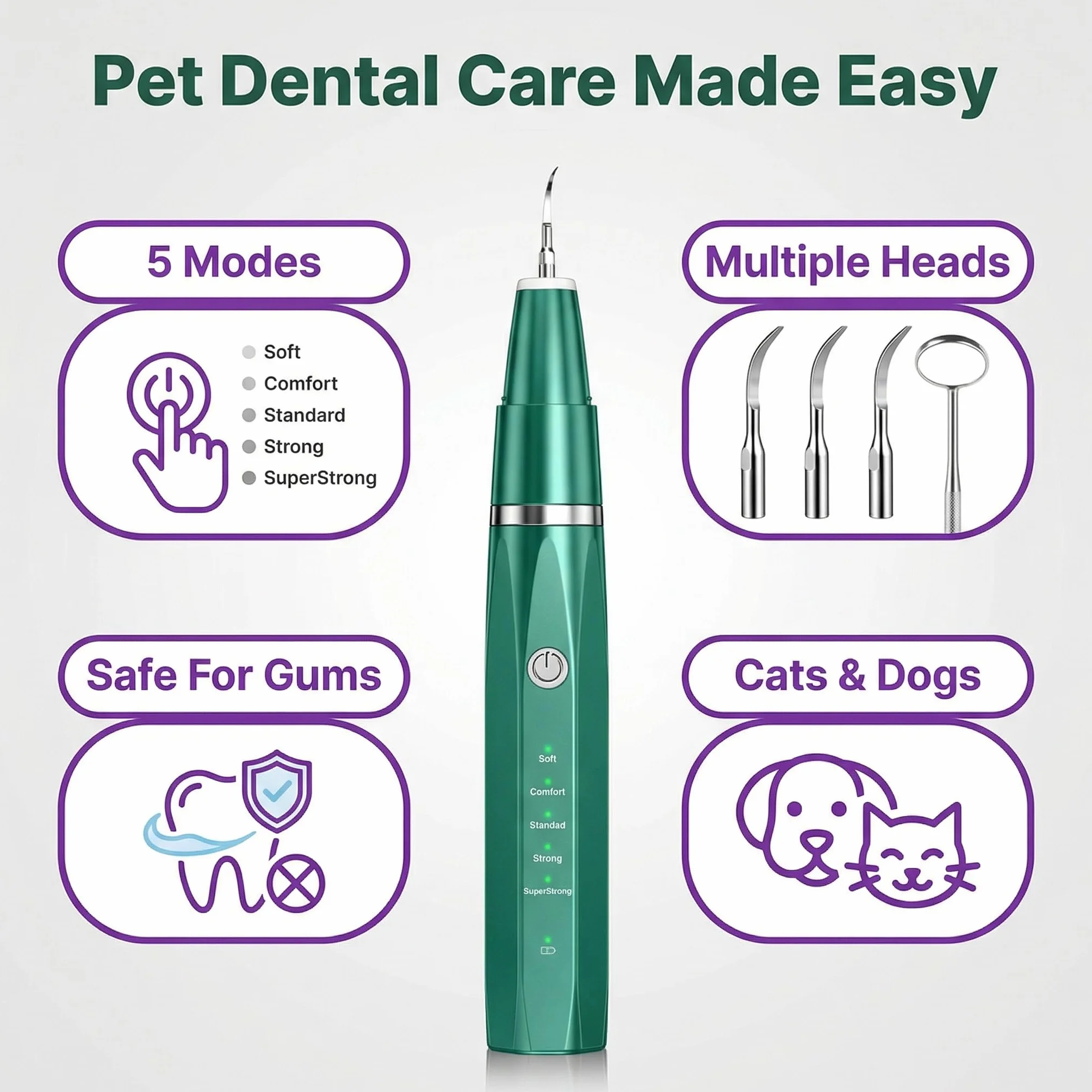 Nettoyeur Dentaire à Ultrasons pour Chien et Chat IPX6 Rechargeable USB 5 Niveaux