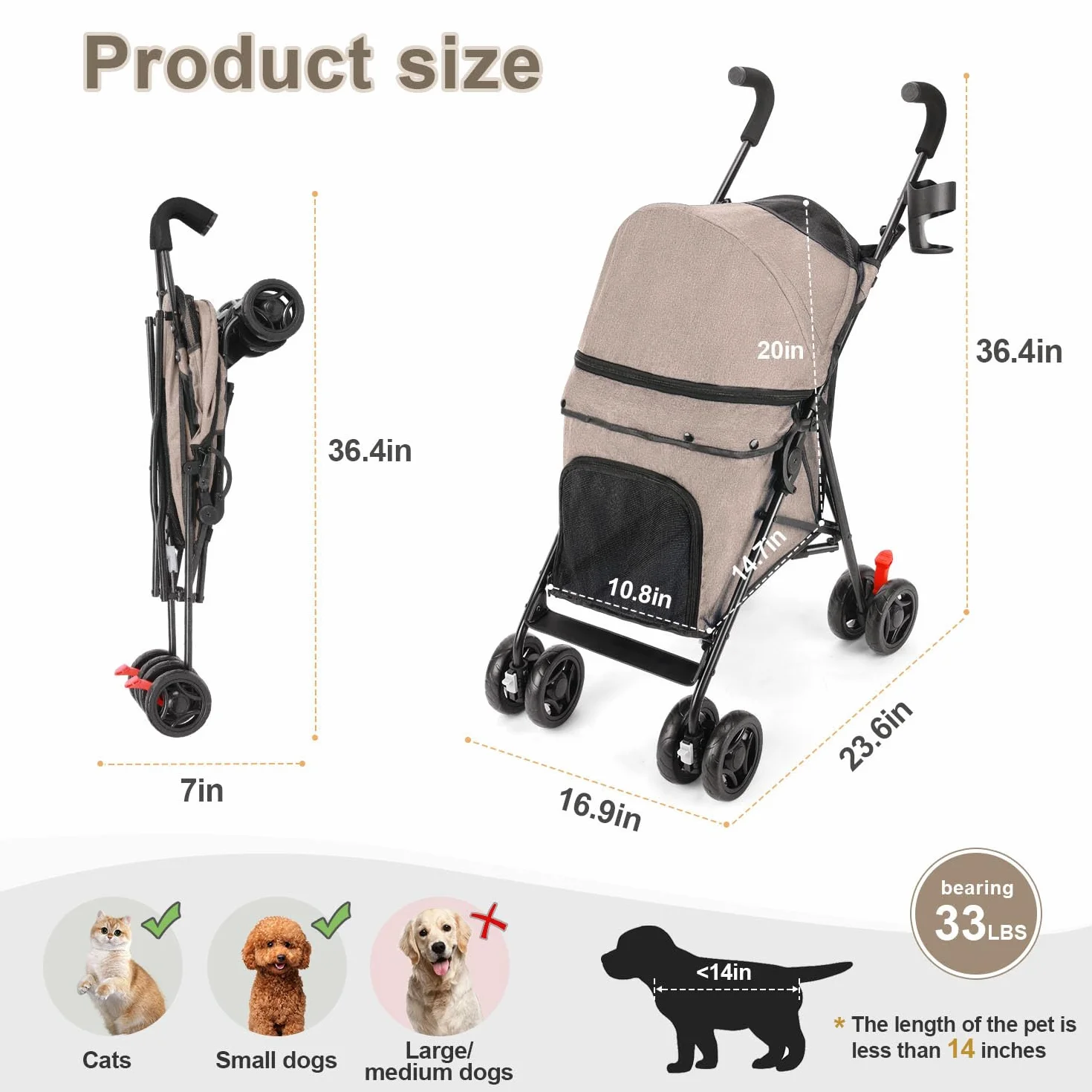 Poussette pour chien taille moyenne pliable 15 kg 4 roues porte-gobelet roues avant rotatives 360°