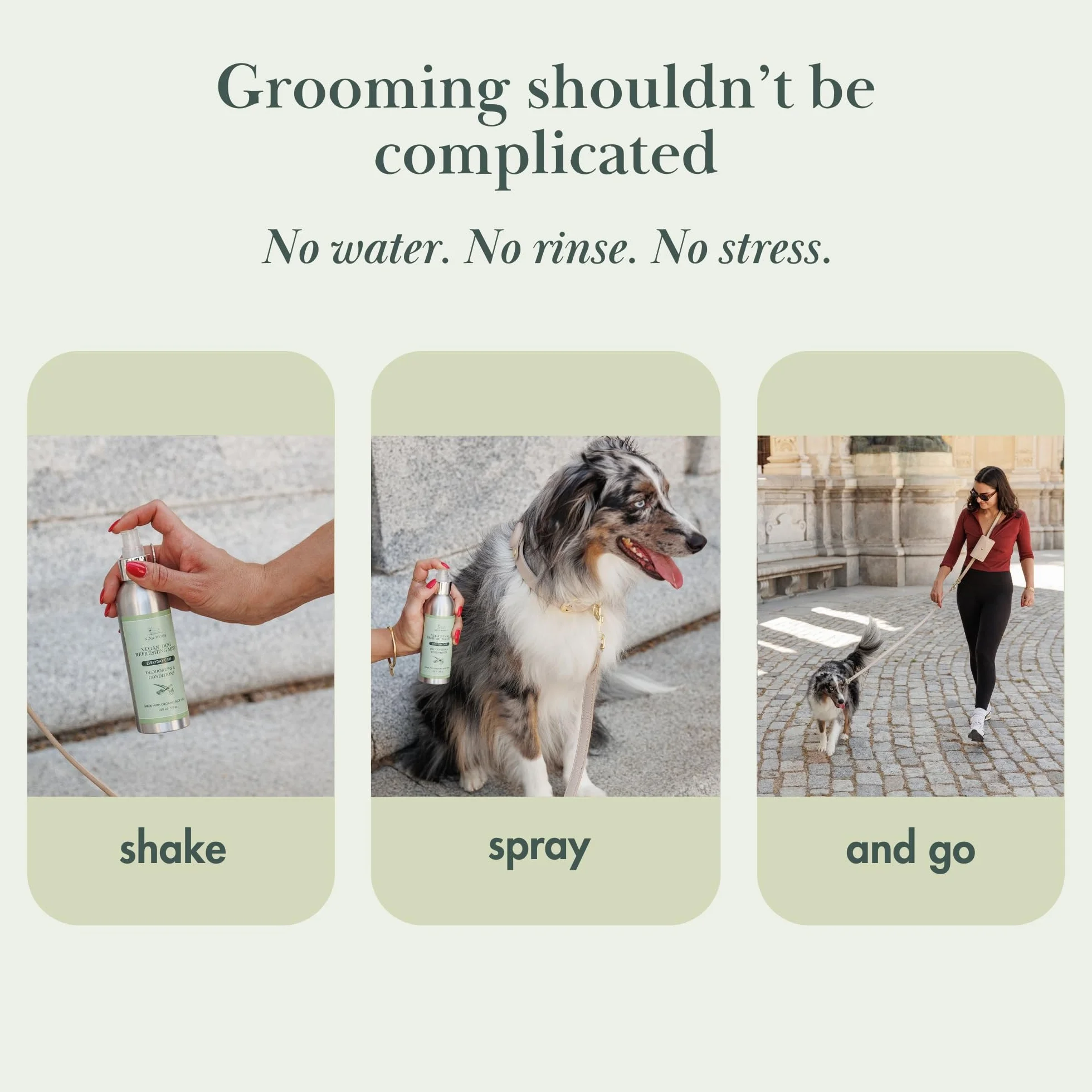 Nina Woof Spray désodorisant vegan pour chien 150 mL neutralise les odeurs rafraîchit démêle le pelage pH équilibré
