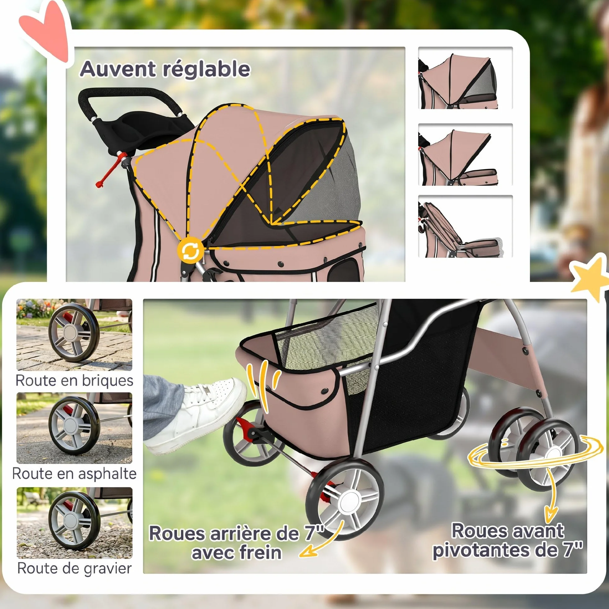 PawHut Poussette Buggy Pliable Animaux, Chariot Pliante Imperméable pour Chien et Chat, Toit Amovible, Tissu 600D Oxford, Acier, Café