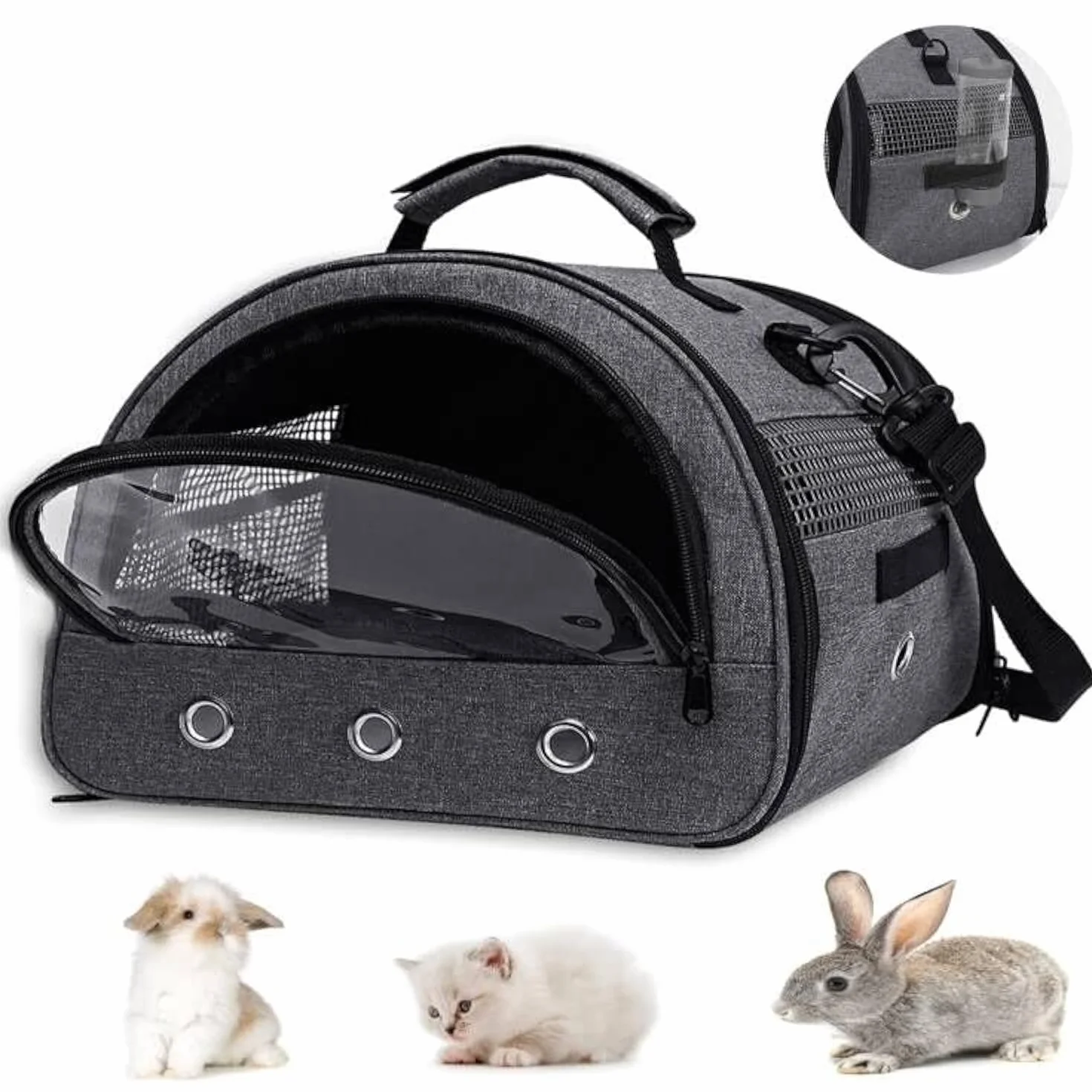 Sac de transport petit animal cochon d'Inde double porte avec trou bouteille eau doublure amovible gris