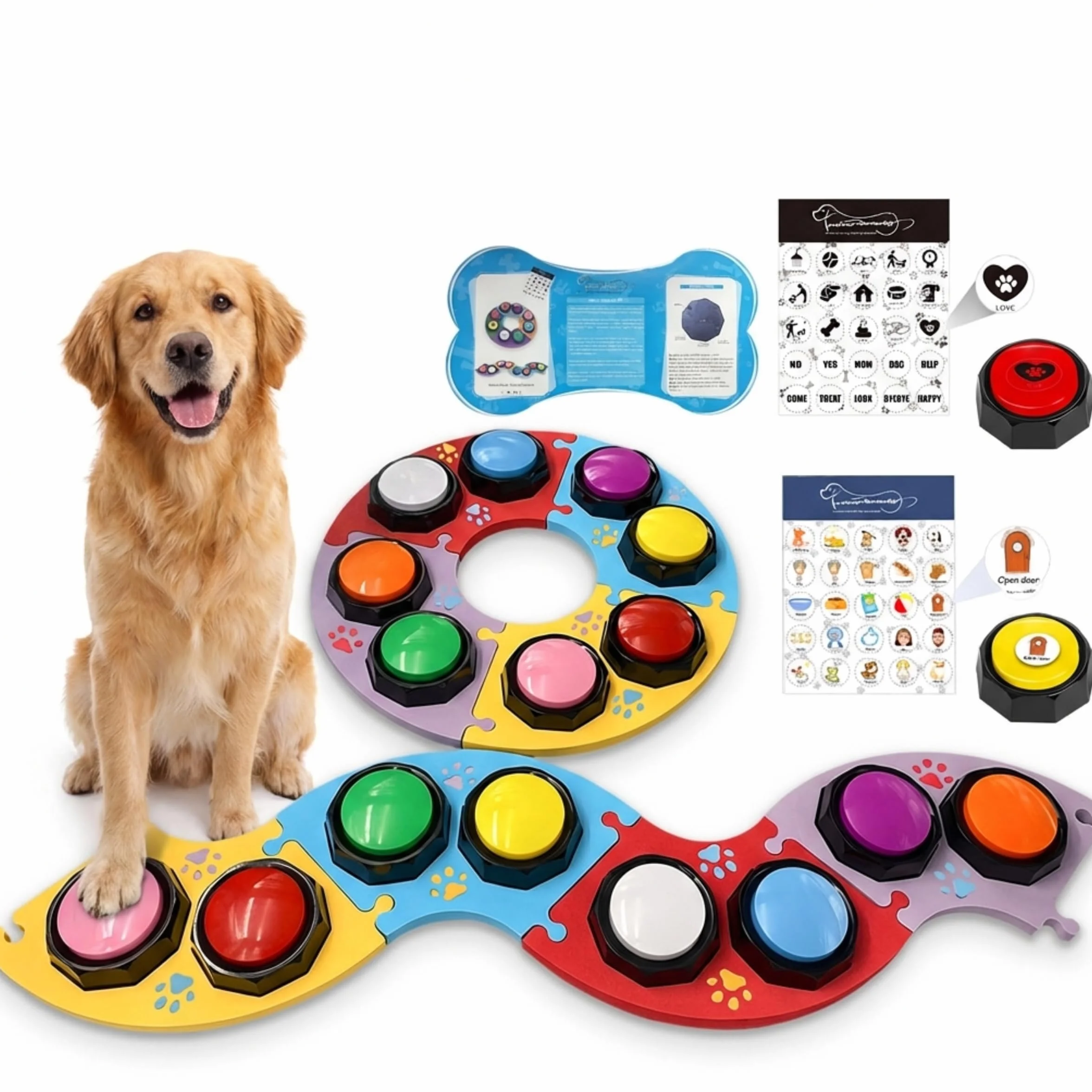 8 Boutons de Communication pour Chien colorés, Bouton de Conversation pour Chien, Bouton pour Chien, 50 Autocollants et 4 plaques d'accessoires pour Apprendre à Votre Chien à Parler
