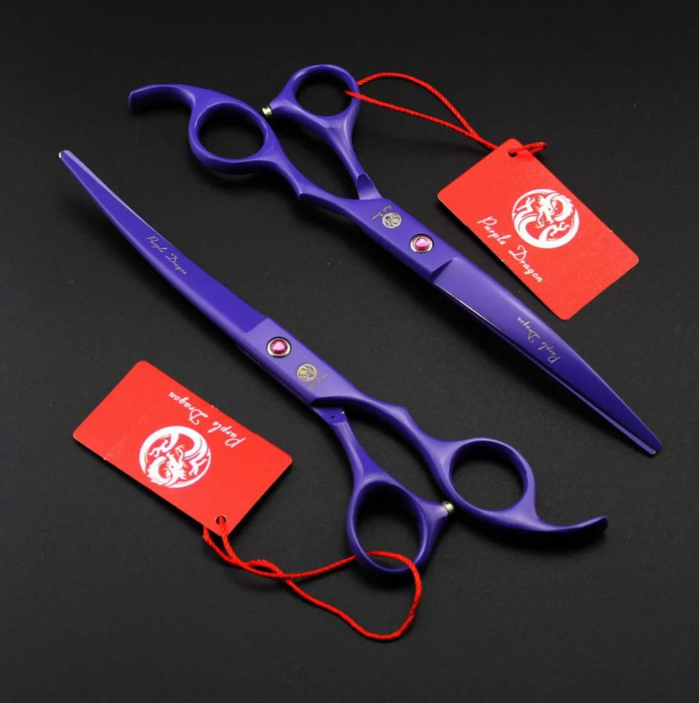 Purple Dragon Lot de 4 ciseaux de toilettage professionnels de 17,8 cm en acier japonais de qualité supérieure, droit, incurvé et à effiler avec étui