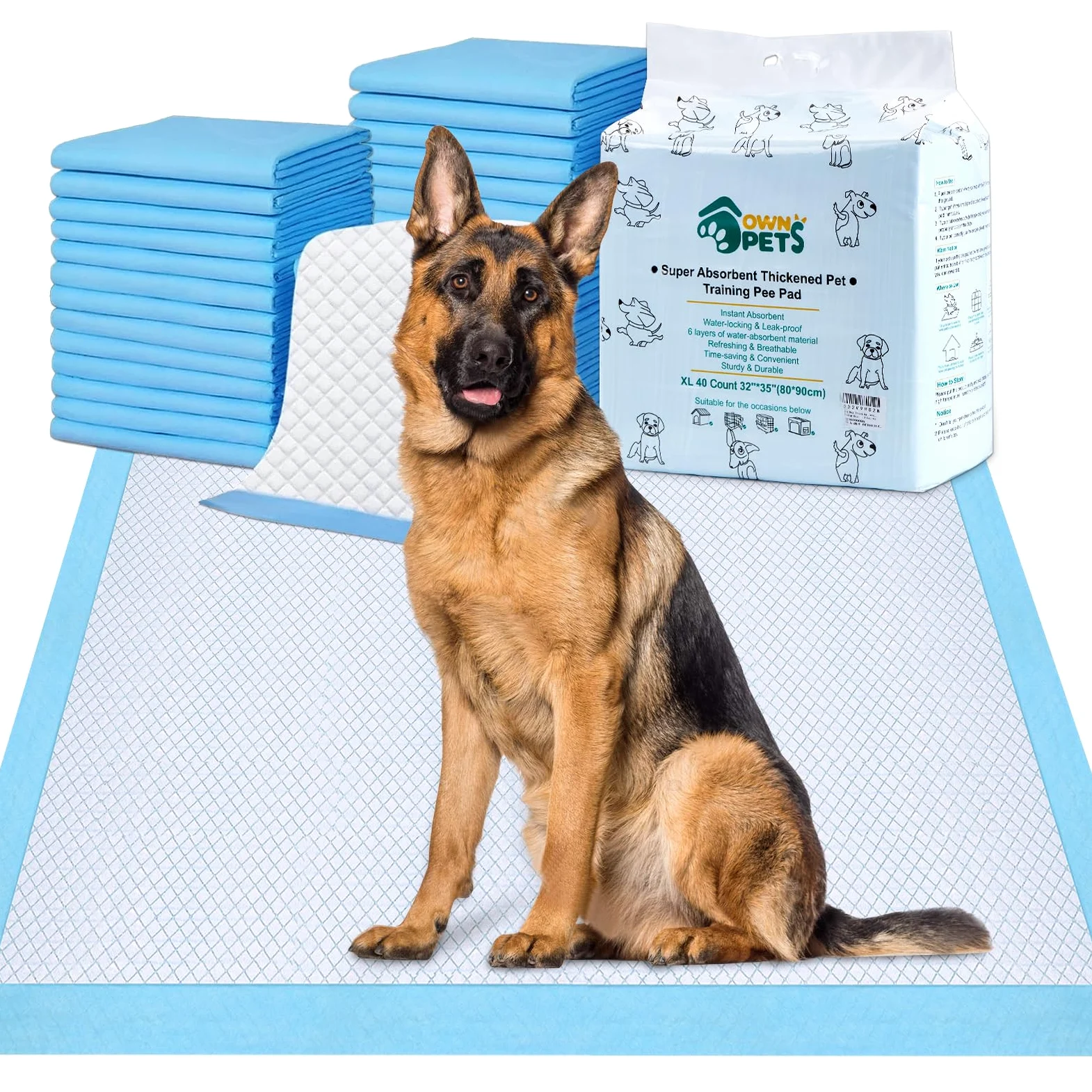 Ownpets Tapis de dressage pour chien, 90 x 80 cm, lot de 40 tapis anti-fuite à 6 couches avec surface à séchage rapide pour animaux domestiques, chiots, adultes, chiens malades et vieillissants