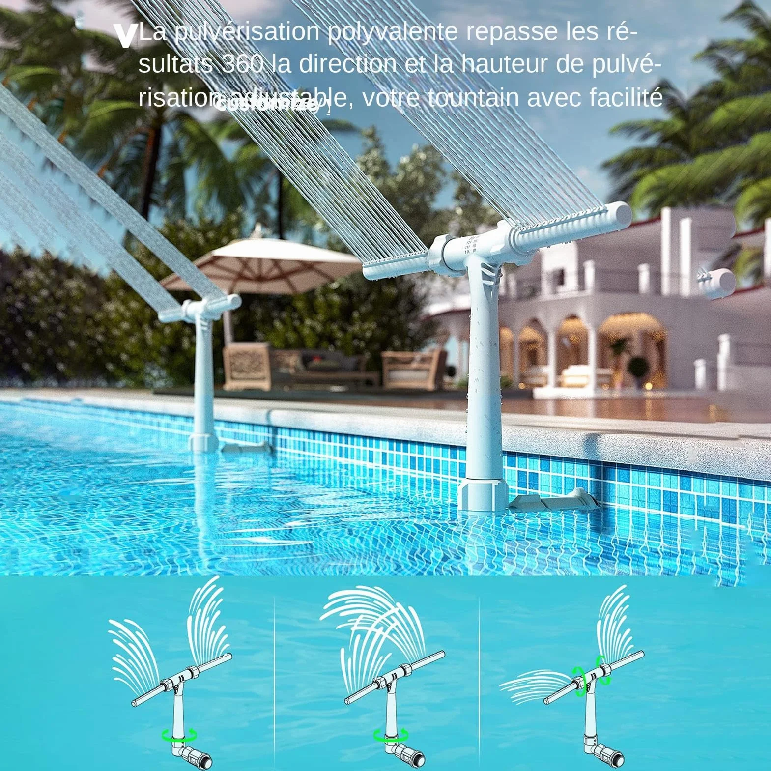 Fontaine De Piscine Réglable 2 en 1 Double Cascade Pulvérisateur Accessoires Double Jet Piscine Hors Sol