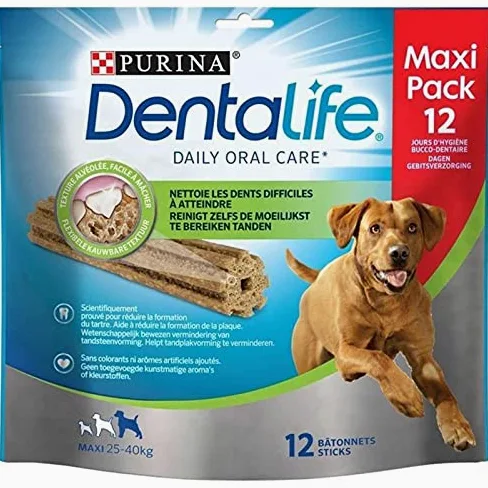 Purina DentaLife Bâtonnets pour Chiens Maxi 25 à 40kg Texture Alvéolée Facile à Mâcher Maxi Pack 426g (Lot de 4 sachets)