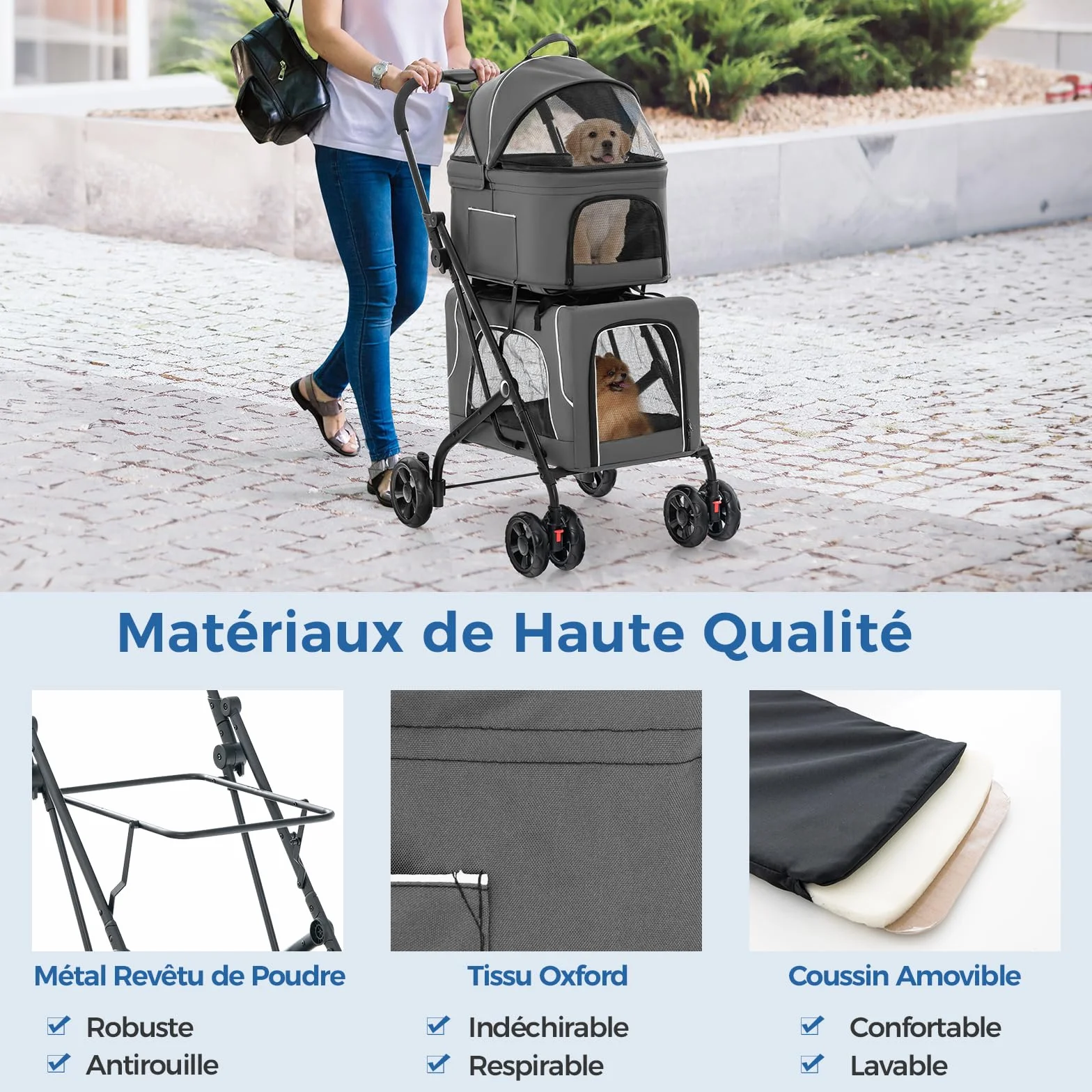 Poussette Chien Chat 2 Couches Détachable 3-en-1 GYMAX Transporteur Siège Auto Auvent Réglable Cadre Métal Pliable Gris