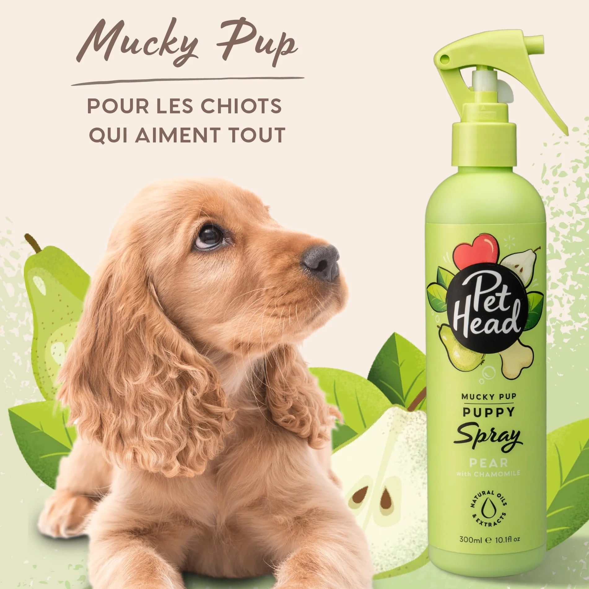 Pet Head Mucky Pup Spray Désodorisant pour Chiot Parfum Poire 300ml Séchage Rapide sans Rinçage Naturel