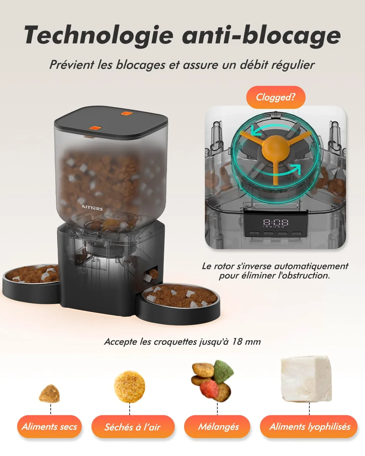 Distributeur Croquettes Chat Automatique 2 Bols, 8L Grande Capacité | Croquettes Jusqu'à 18mm, 2 Bols en Acier Inoxydable, Nettoyage Facile, Idéal pour Chats et Chiens Multiples