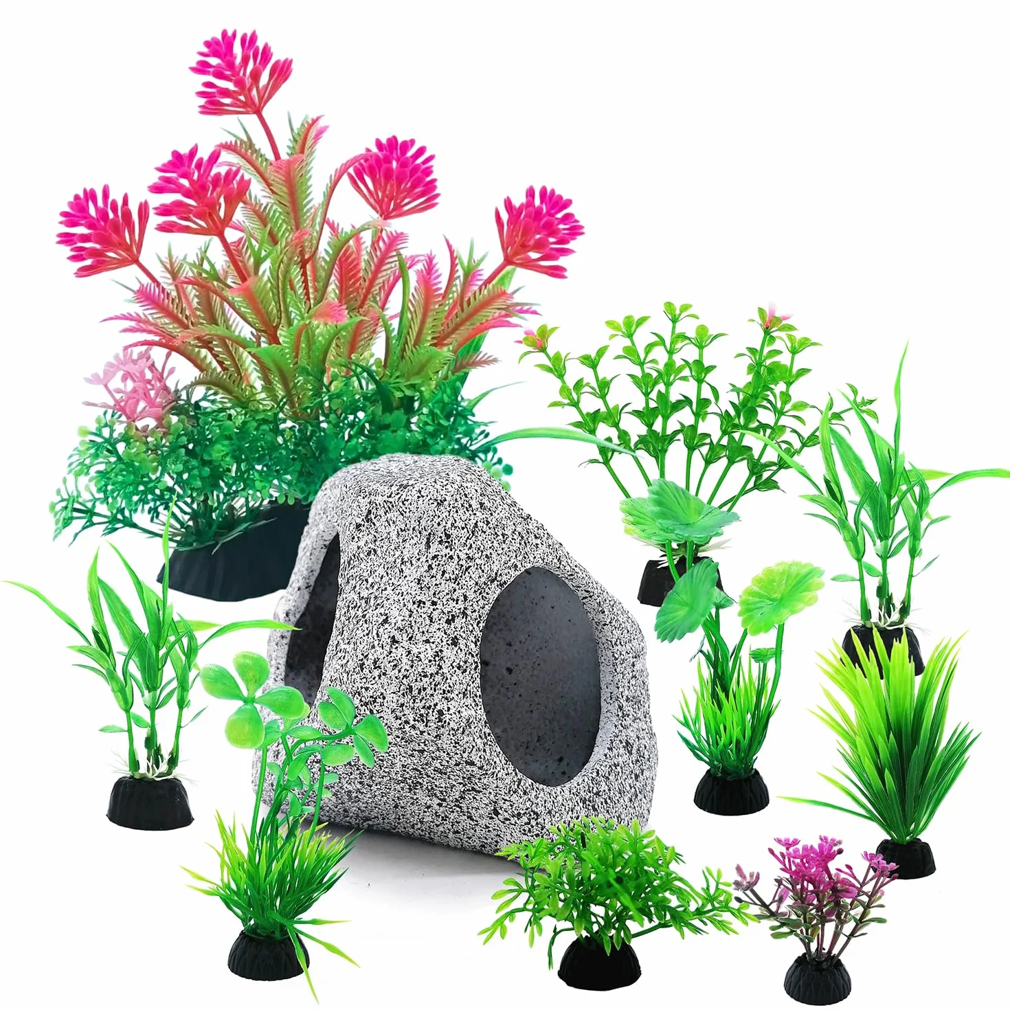 SLOCME Ensemble de 10 pièces de roches et de plantes pour aquarium - Décorations en plastique colorées et abris en céramique