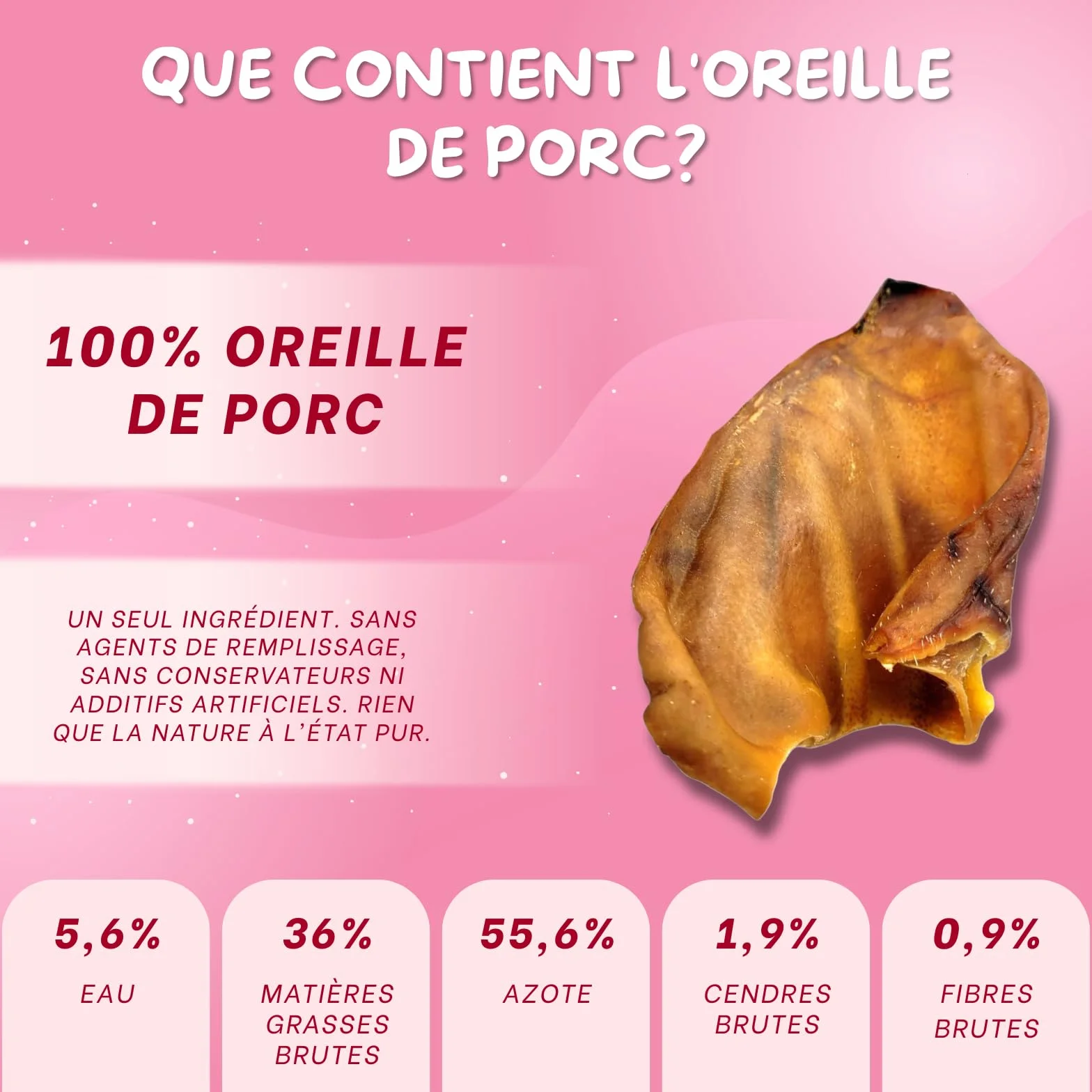 Oreilles de Porc pour Chien – Friandises pour Chien – 100% Naturels sans conservateurs ni additifs – Hygiène Dentaire, Réduction du Stress – Source collagène et protéines – 10 Pièces