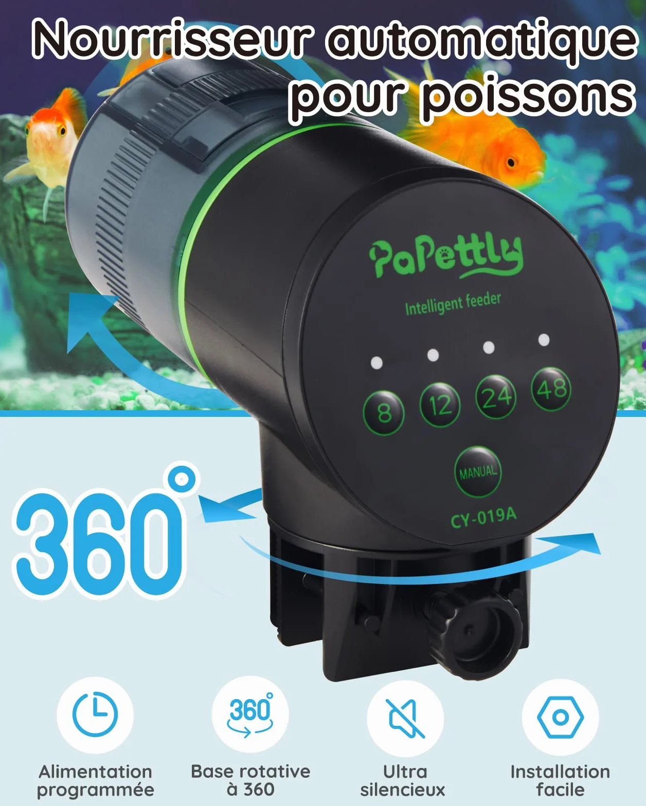 Distributeur automatique de nourriture pour poissons d'aquarium 200 ml avec piles AAA incluses