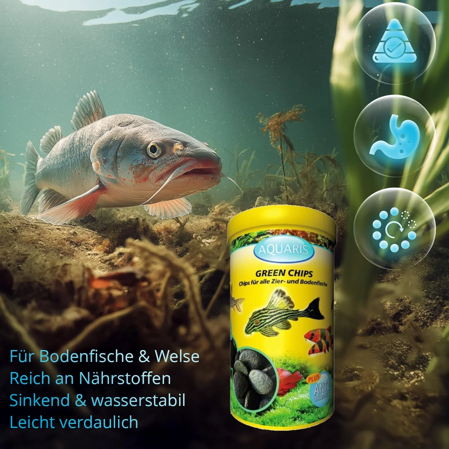 AQUARIS Green Chips Nourriture pour Poissons d'aquarium Poisson-Chat Poissons de Fond 125 g 250 ML