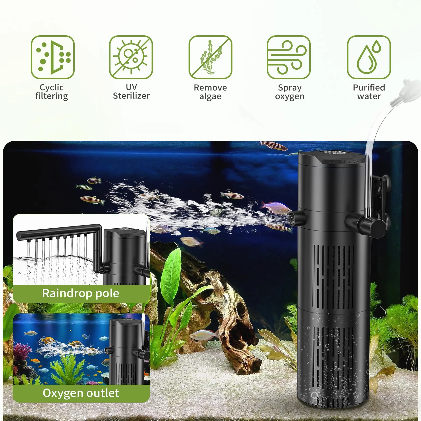 Forever Speed Filtre d’Aquarium Interne 5‑en‑1 avec Pompe UVC 6W 800L/H pour Aquariums 60-150L