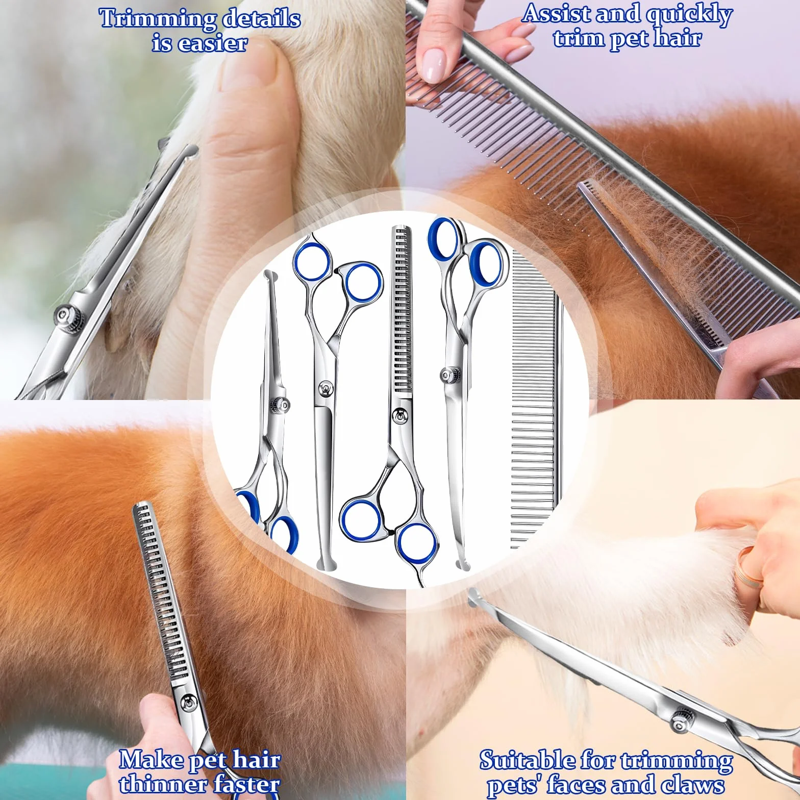 Ciseaux de Toilettage pour Chiens, Acier Inoxydable avec Pointe Ronde de Sécurité, y Ciseaux à Effiler Chien, Ciseaux Courbes Chien, Ciseaux Droits, Peigne, pour Chiens Chats