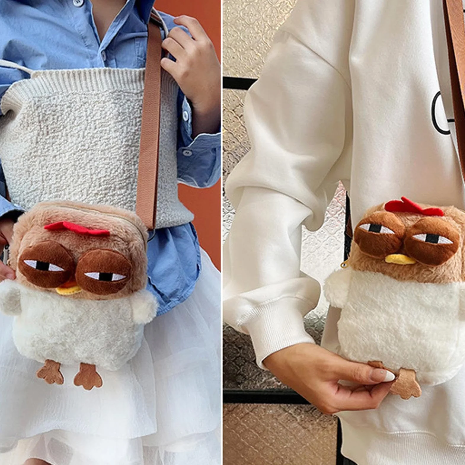 Chicken Shoulder Bag, Zipper Plush Animal Purse, Soft Stuffed Bag, Compact Cross-Body with Adjustable Strap for Kids