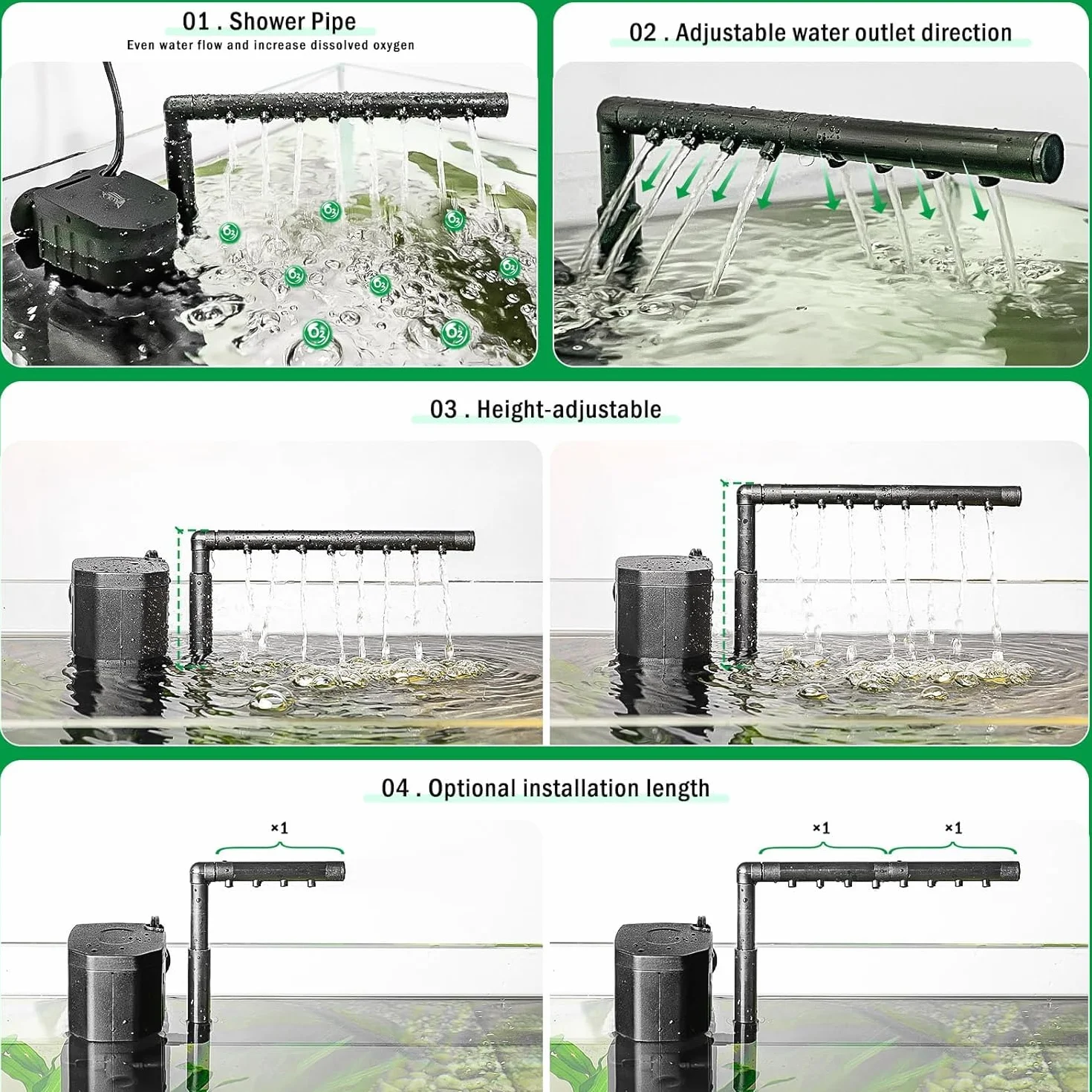 AQQA Filtre Aquarium 4 en 1 Pompe Silencieuse 450L/H Débit Réglable Filtre Intérieur pour Réservoir 120L