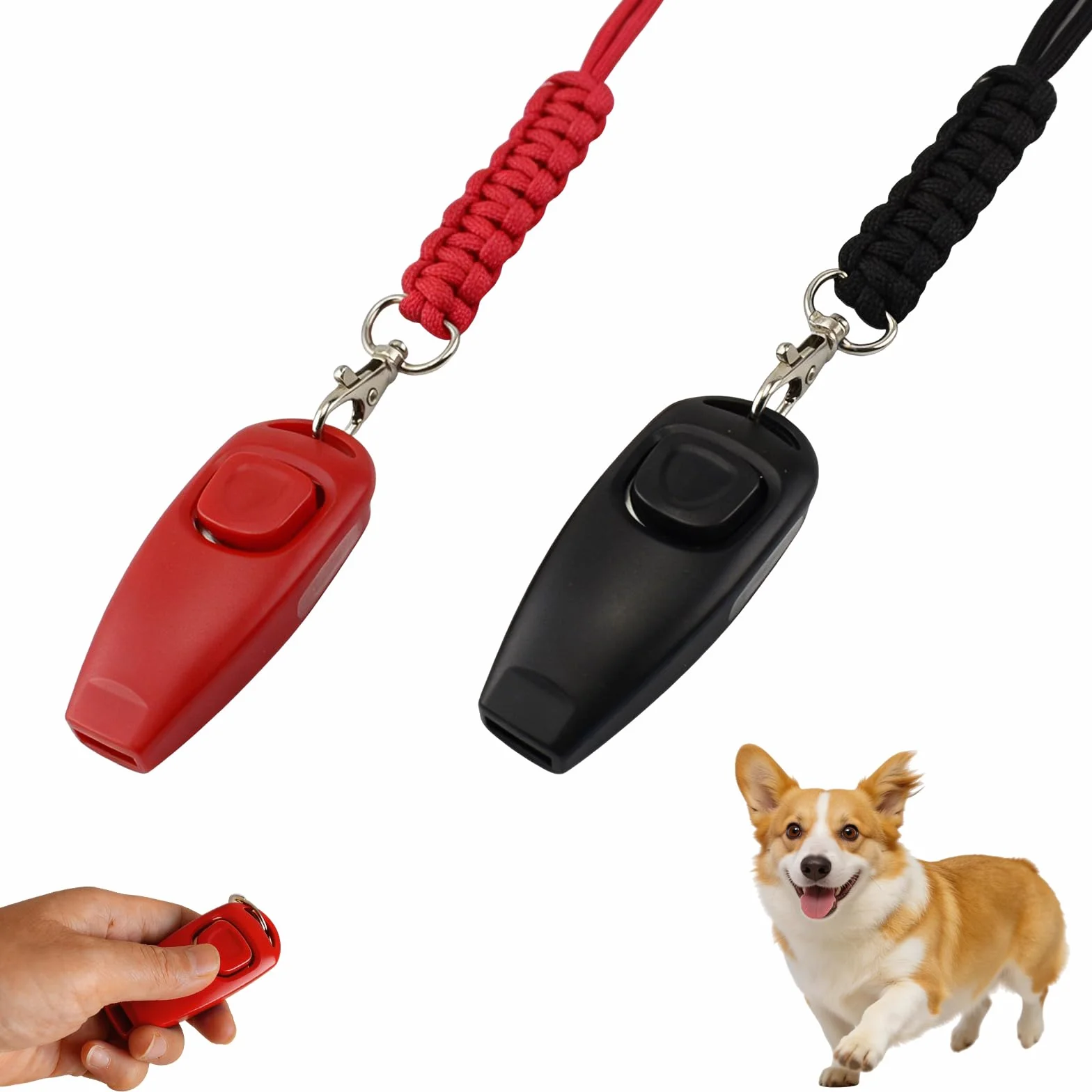 Sifflet Chien Rappel Ultrason Double Mode 2 en 1 Plastique ABS Acier Inoxydable avec Cordon Rouge Noir
