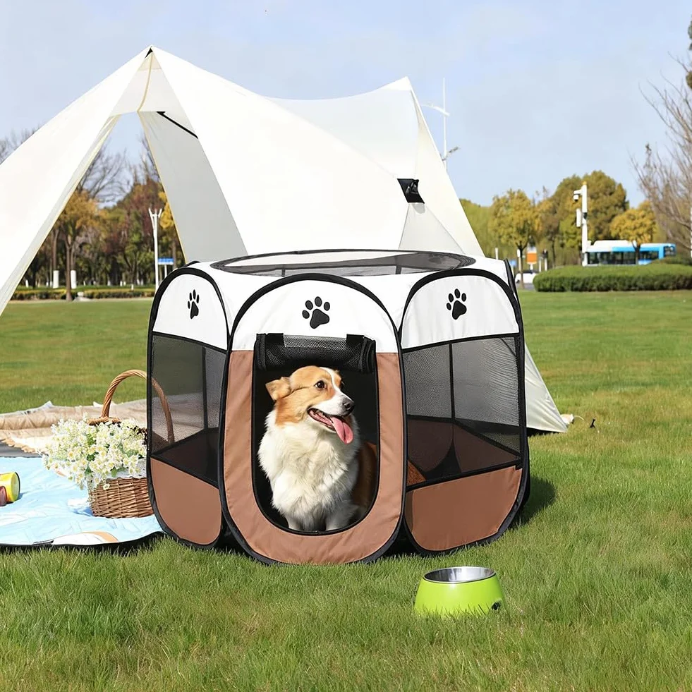 Parc pour chiots pliable 74 x 74 x 43 cm portable intérieur extérieur Marron café
