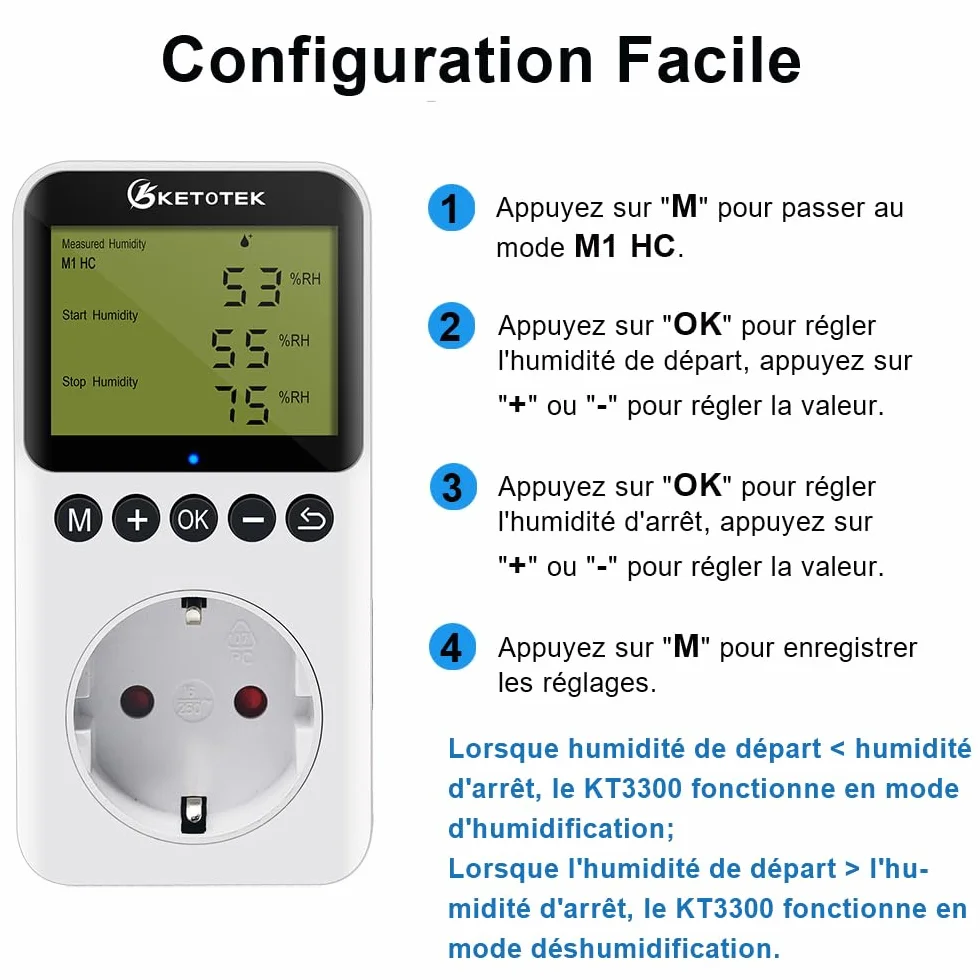 KETOTEK Prise Hygrostat Numérique avec Sonde, Contrôleur Humidité 220V pour Terrarium Reptile Couveuse Incubateur