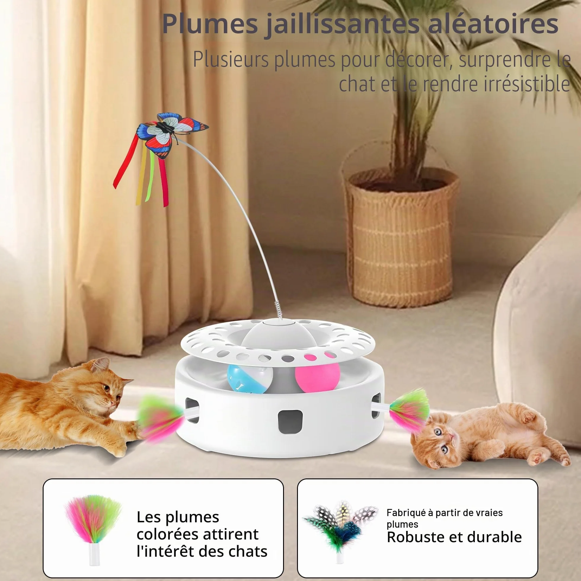 Soarer Jouet Interactif Automatique pour Chat 3 en 1 avec Papillons Volants et Accessoires Remplaçables