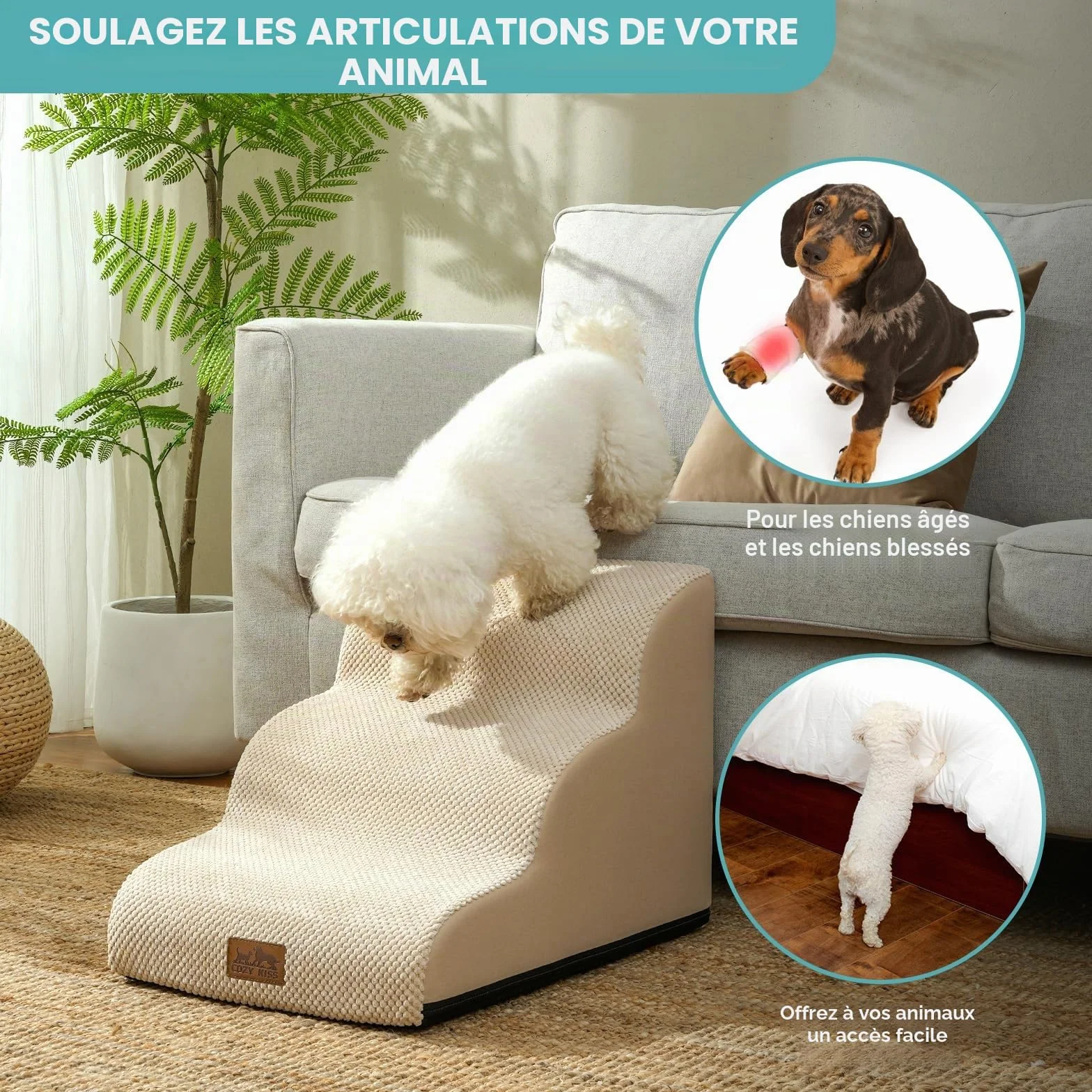 COZY KISS Escalier pour Chien avec Couvercle Amovible, Éponge, Beige, 40x57x40cm