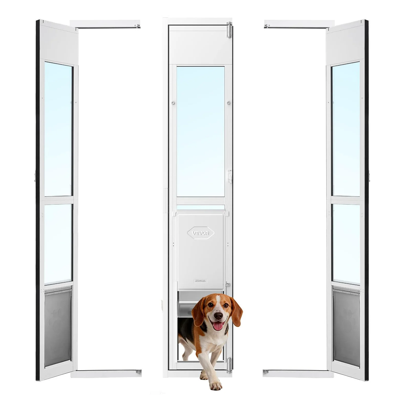 VEVOR Chatière pour Porte Coulissante en Verre, Porte pour Chien et Chat, Ouverture Pivotante à 180°, Hauteur Réglable de 1927 à 2049mm, Cadre en Alliage d'Aluminium, Rabat et Verrouillage, Taille L
