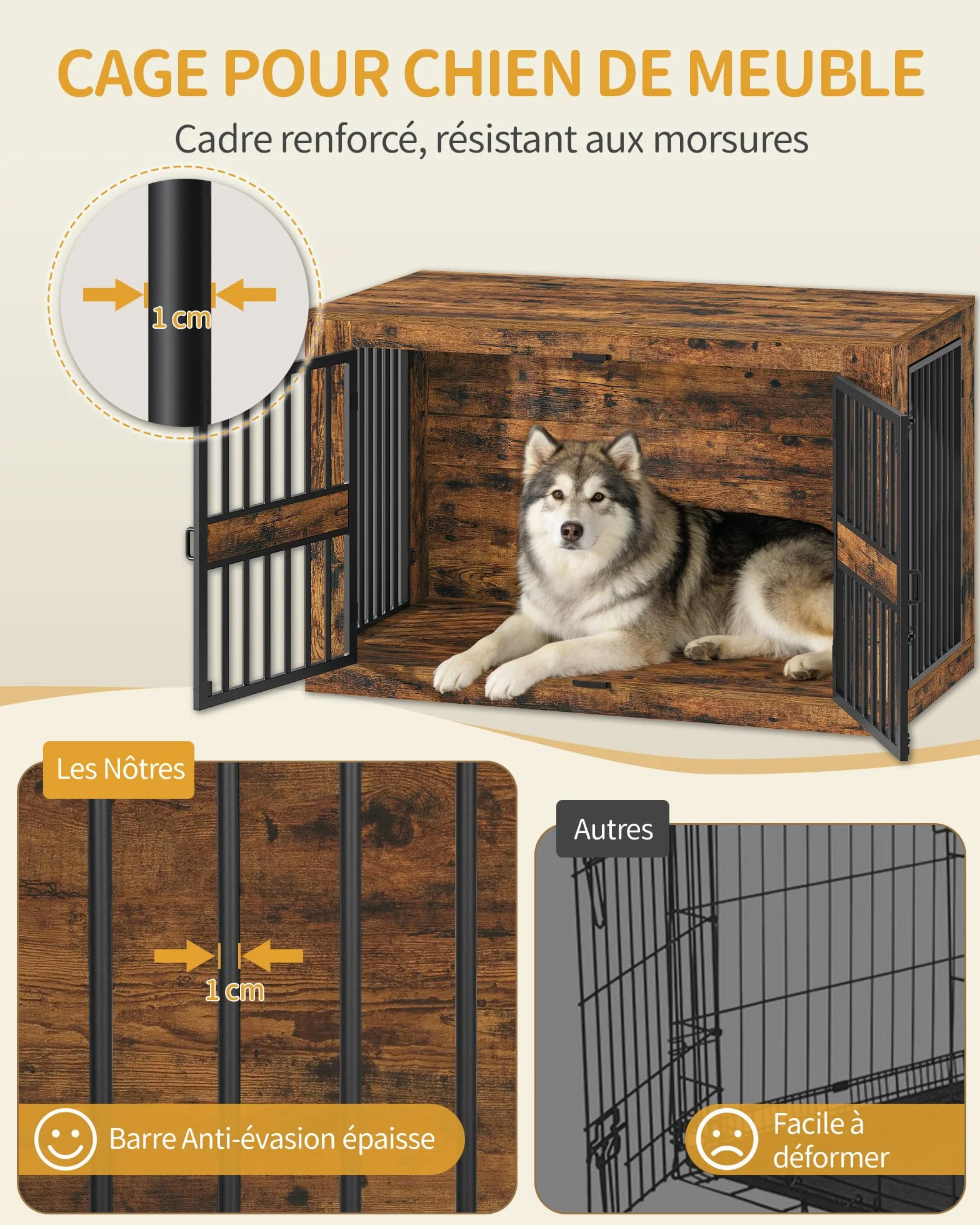 Cage pour Chien 120 cm Niche d'Intérieur en Bois Design Moderne 4 Portes XXL Table d'Appoint Marron Rustique