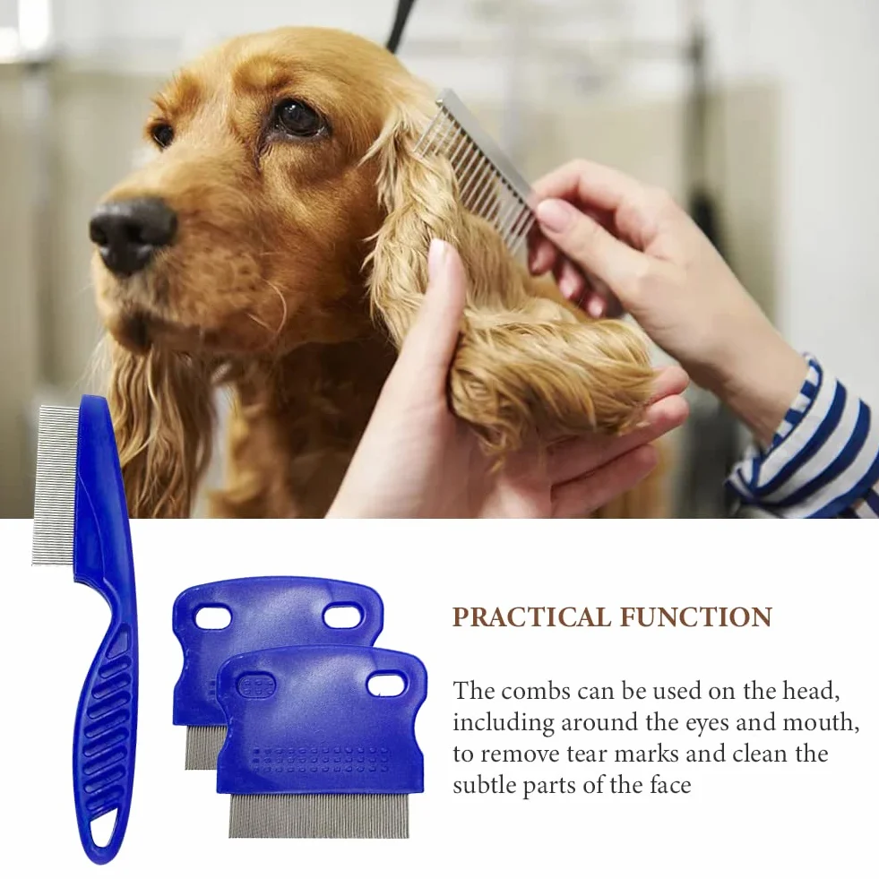 Peigne à puces 3pcs pour chats et chiens, peigne anti-puces lécher marques de larmes, accessoire animal de compagnie Bleu