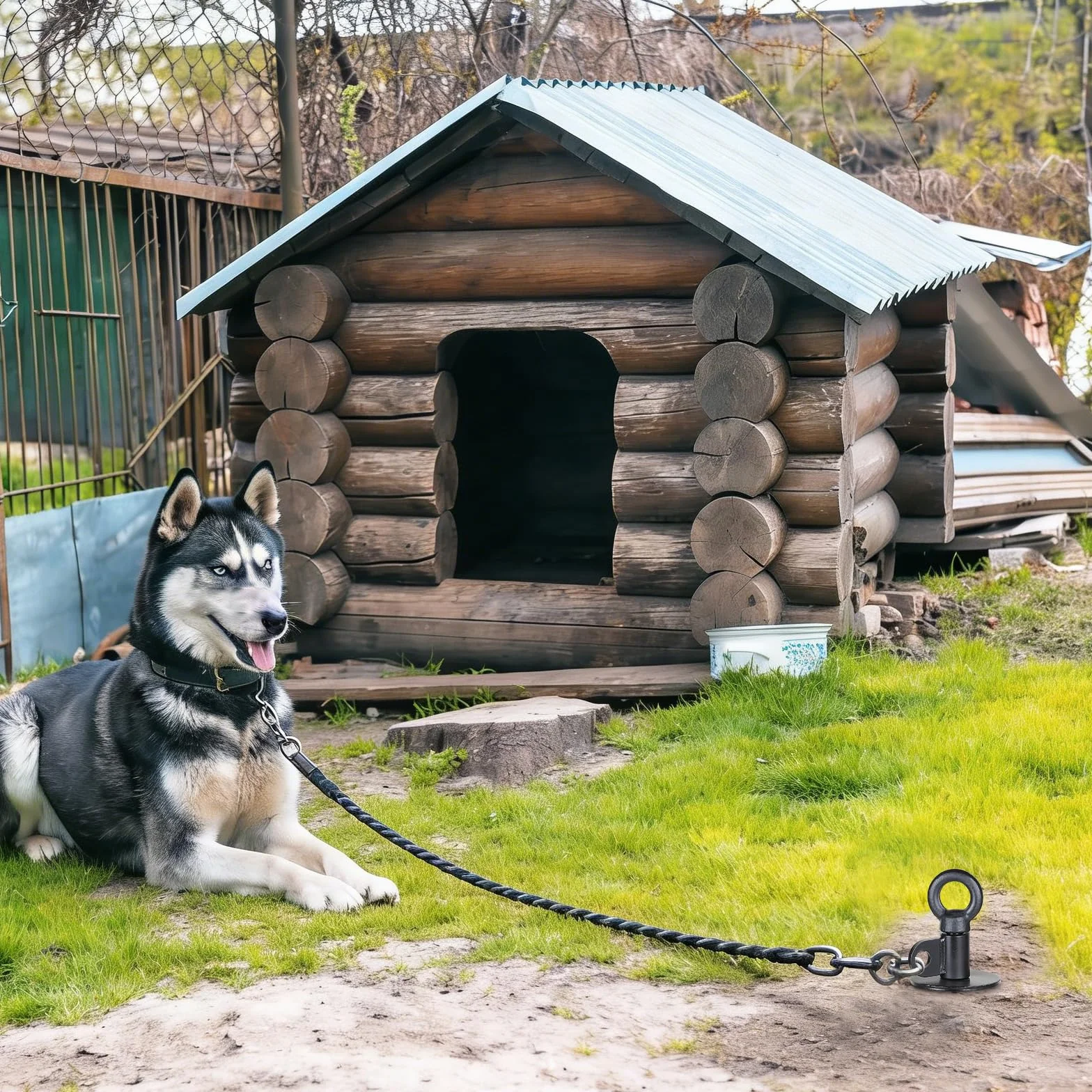 Piquet d'attache pour Chien Noir 38cm avec Anneau Rotatif 360°, pour Chiens Moins de 100kg, avec Brosse et Levier