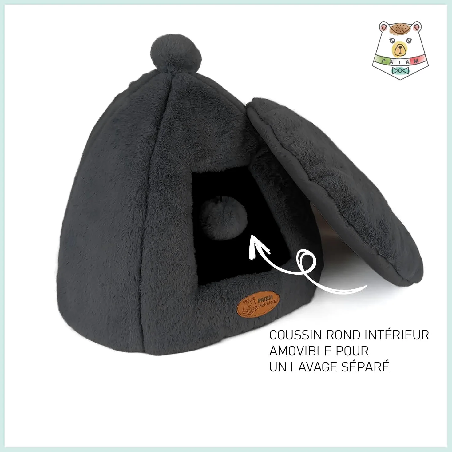 Niche pour Chiens et Chats, antidérapante en Tissu Duveteux Doux, Lavable, Design de Rideau avec Balle de Jeu, 43 x 43 x 43 cm - Igloo Noir
