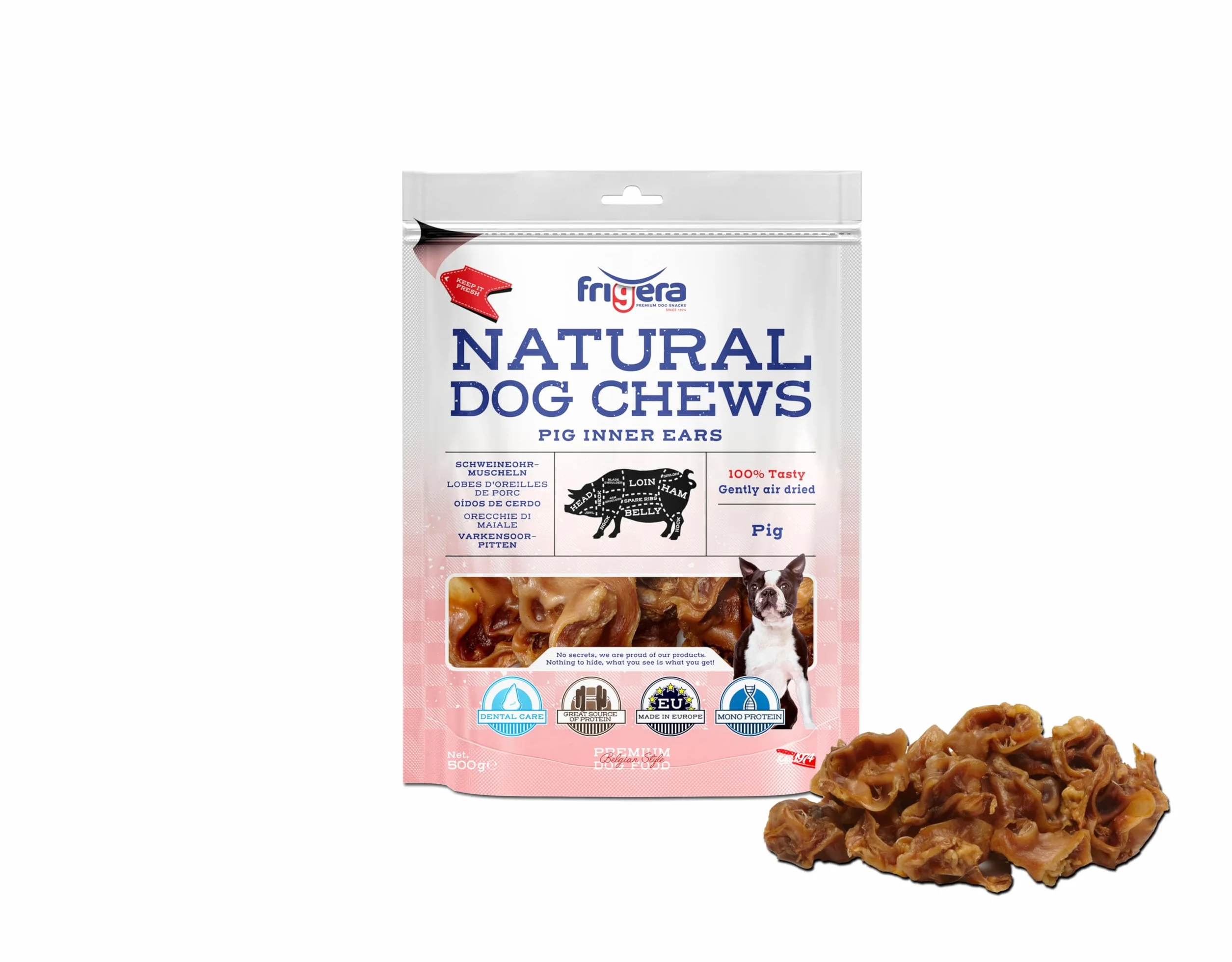 Frigera Lobes d'oreilles de Porc 500g – Friandises Naturelles Riches en protéines pour Chiens, sans Gluten ni céréales