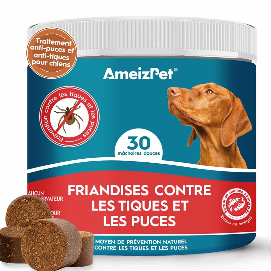 AmeizPet Cachet Chien Anti Puces Et Tiques Comprimés, Anti-Puces Chien Anti-Tique Prévention des Puces pour Chiots Et Chiens Adultes, Enzymes Digestives, 30 Friandises, 67.5g (2.3 Oz)