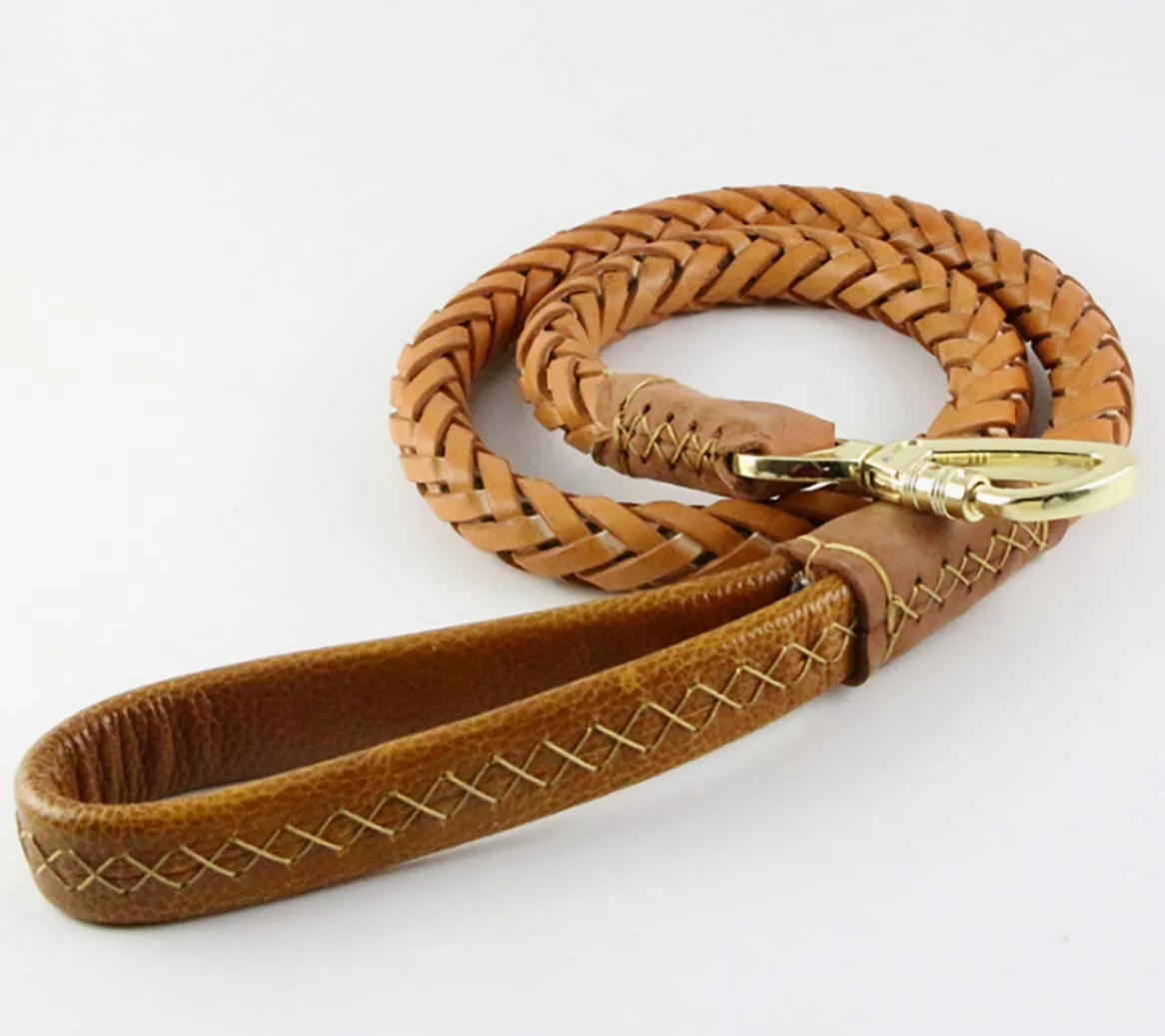 Laisse pour chien en cuir véritable de 1,1 m de long et 2,5 cm de large avec poignée souple tressée pour chiens de taille moyenne et grande (1,9 m)