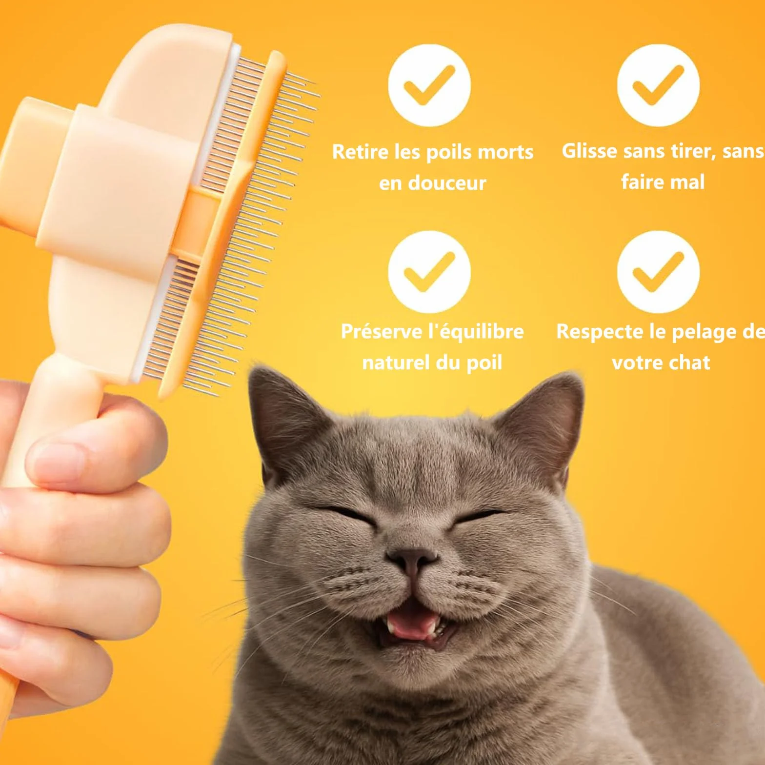 chat peigne, 2025 brosse anti-poils mort –peigne anti puces douce, efficace et autonettoyante, idéale pour poils longs et courts (Jaune)