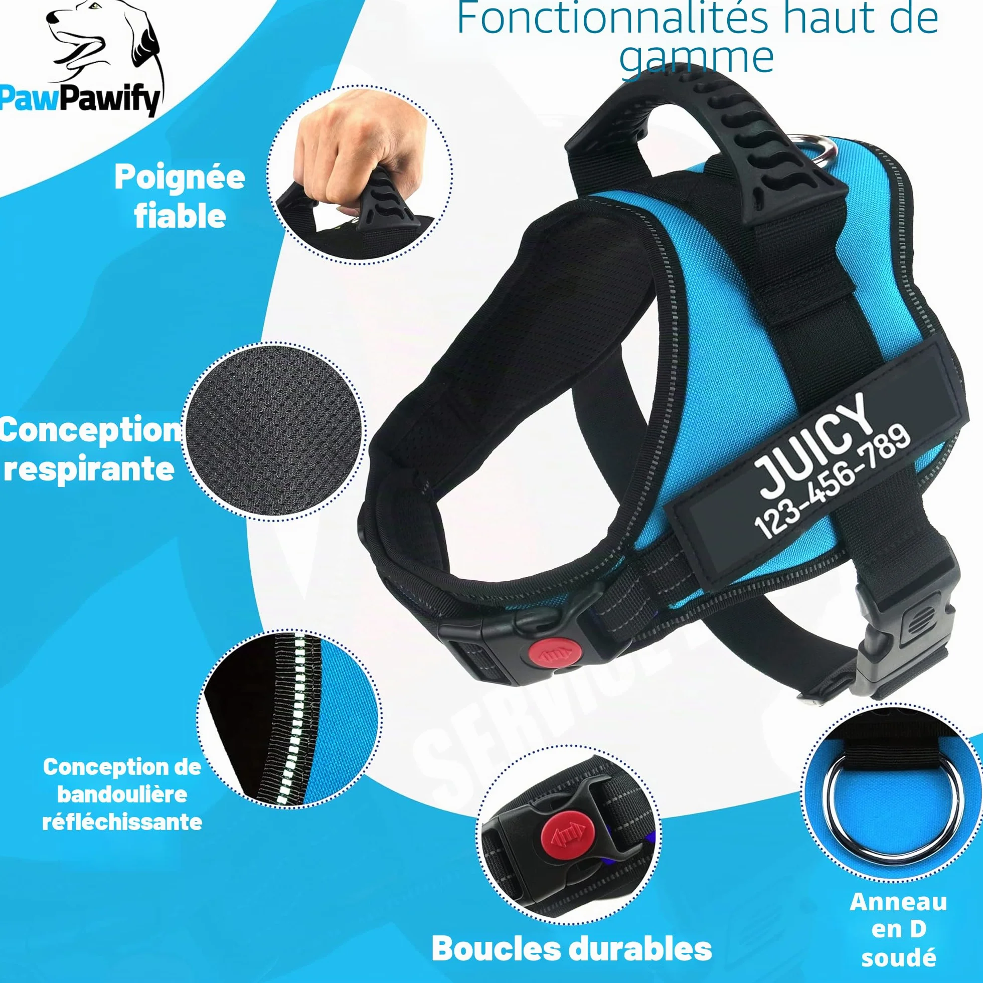 Harnais anti-traction pour chien personnalisé avec nom et numéro de téléphone