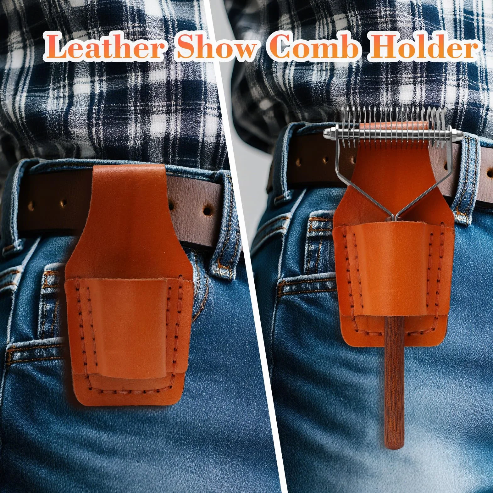 Brosse de Toilettage Cheval avec Porte-Peignes en Cuir, Manche en Bois pour Chevaux Chats Chiens