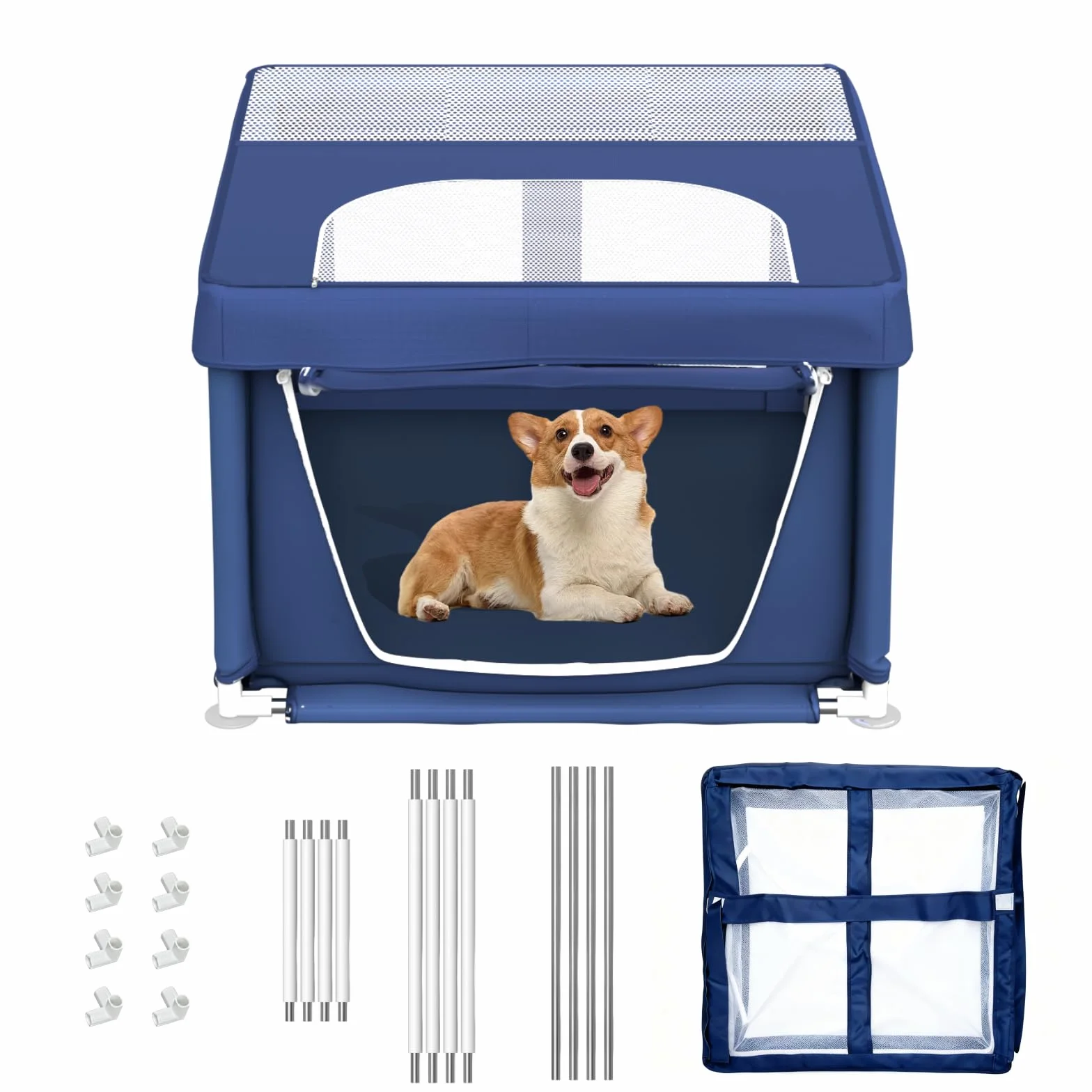 Parc pour Chiots avec Tissu renforcé, Filet en Nylon et Tubes en Acier Inoxydable, Bleu, 90x90x66cm