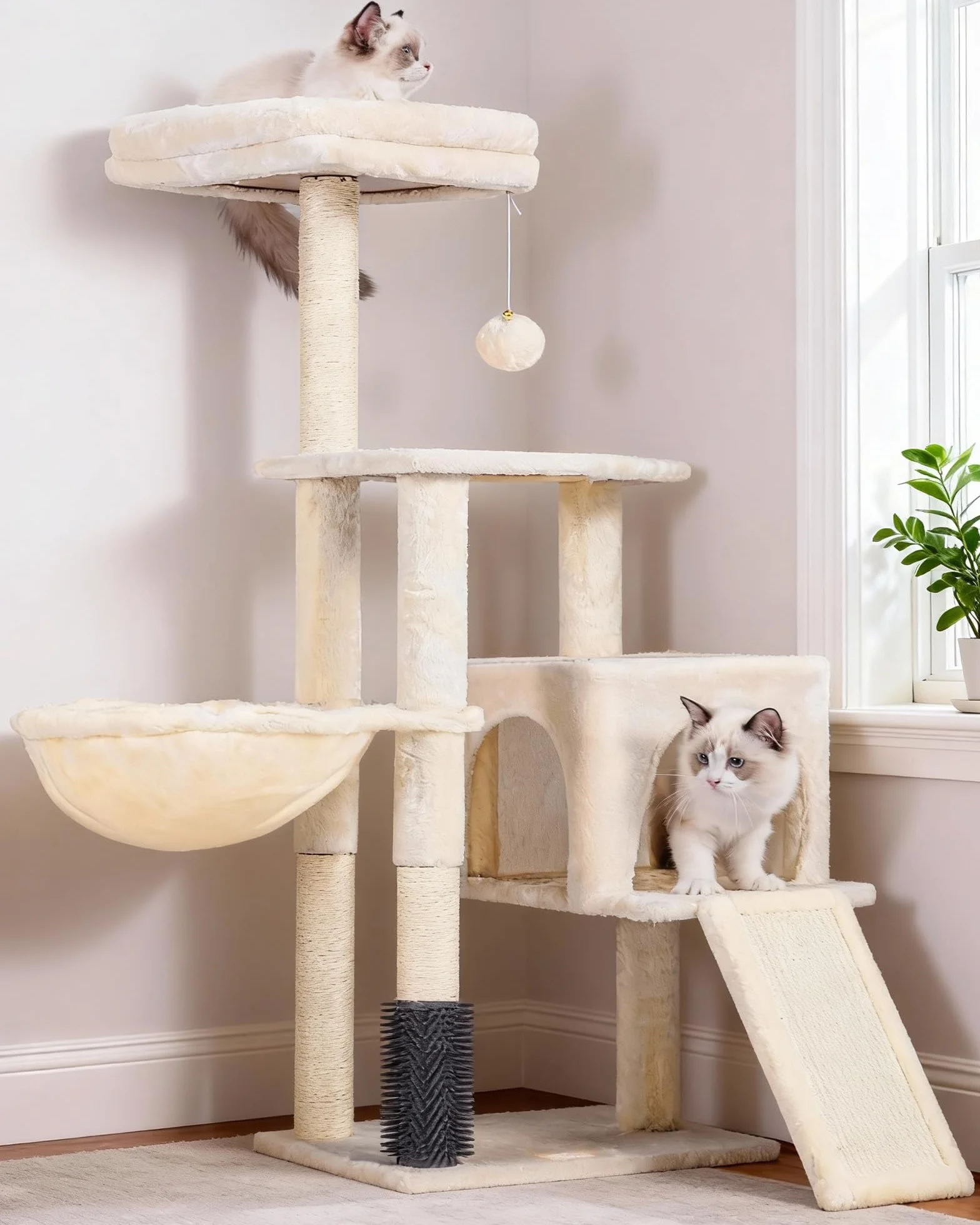Heybly Arbre à Chat, Brosse de Nettoyage Automatique, Arbre à Chat Domestique Robuste avec Peluche Polie, Chaise Longue, Bac à Litière avec Panneaux et Griffoir, Beige HCT005SM