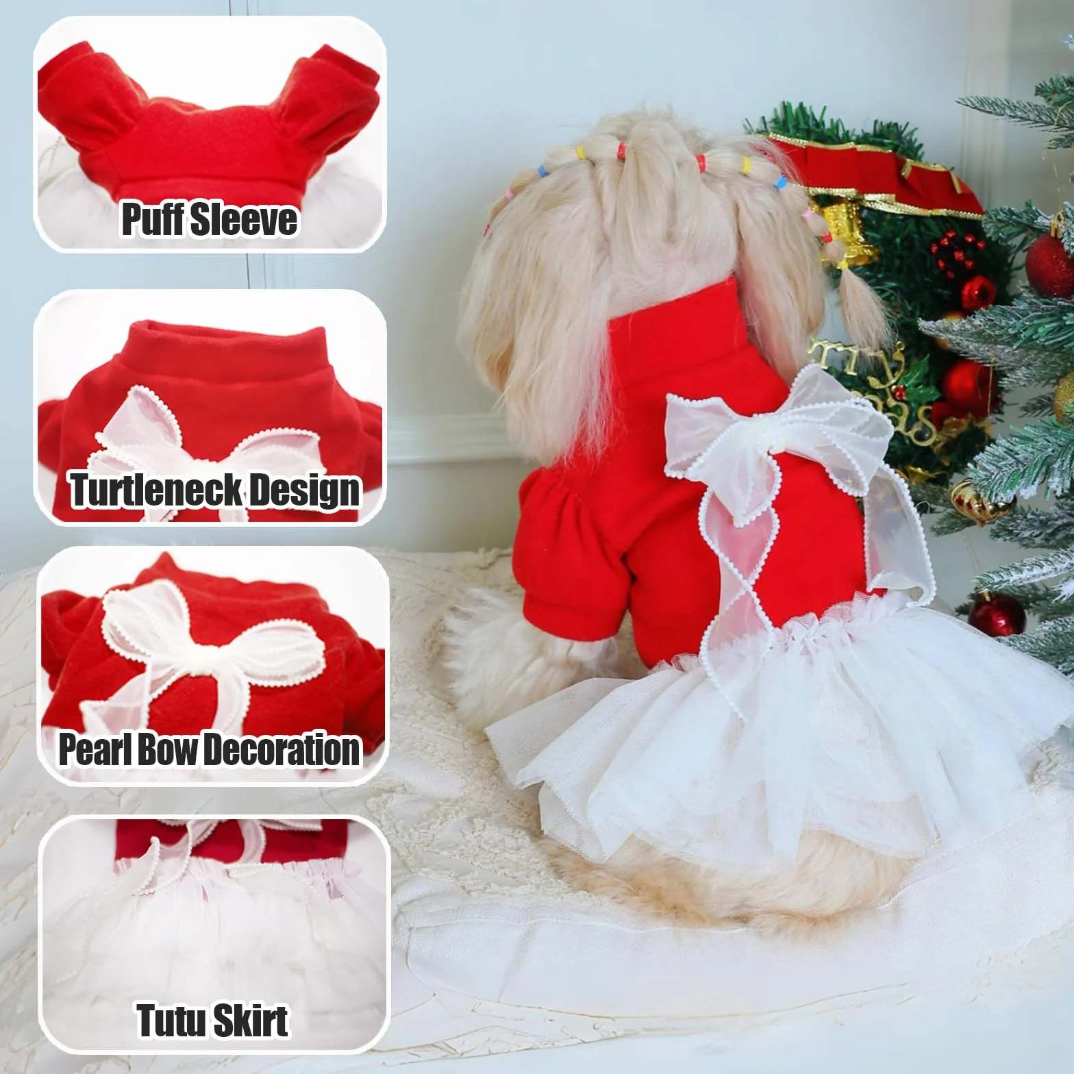 Robe de Noël pour Animal de Compagnie Motif Tulle Rouge et Blanc avec Nœud Tenue de Vacances pour Petits Chiens et Chats XL (5-7.3kg)