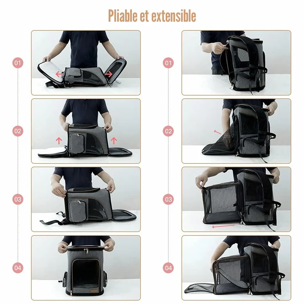 Lekesky Sac à dos, extensible, pour chat et petit chien, avec laisse de sécurité intérieure et 2 tapis pour animaux de compagnie, gris