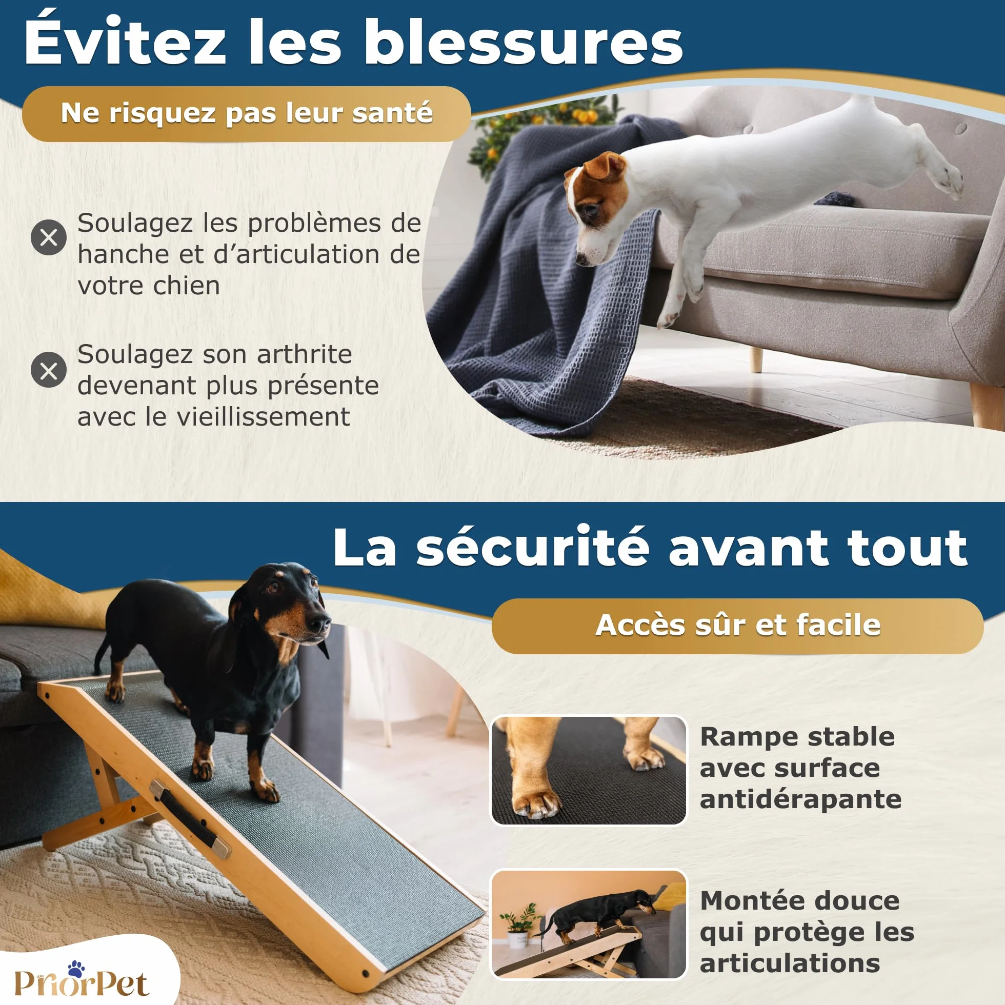 Rampe pour Chien Pliable et Réglable 18-53 cm - Surface Antidérapante - Bois de Bouleau Naturel