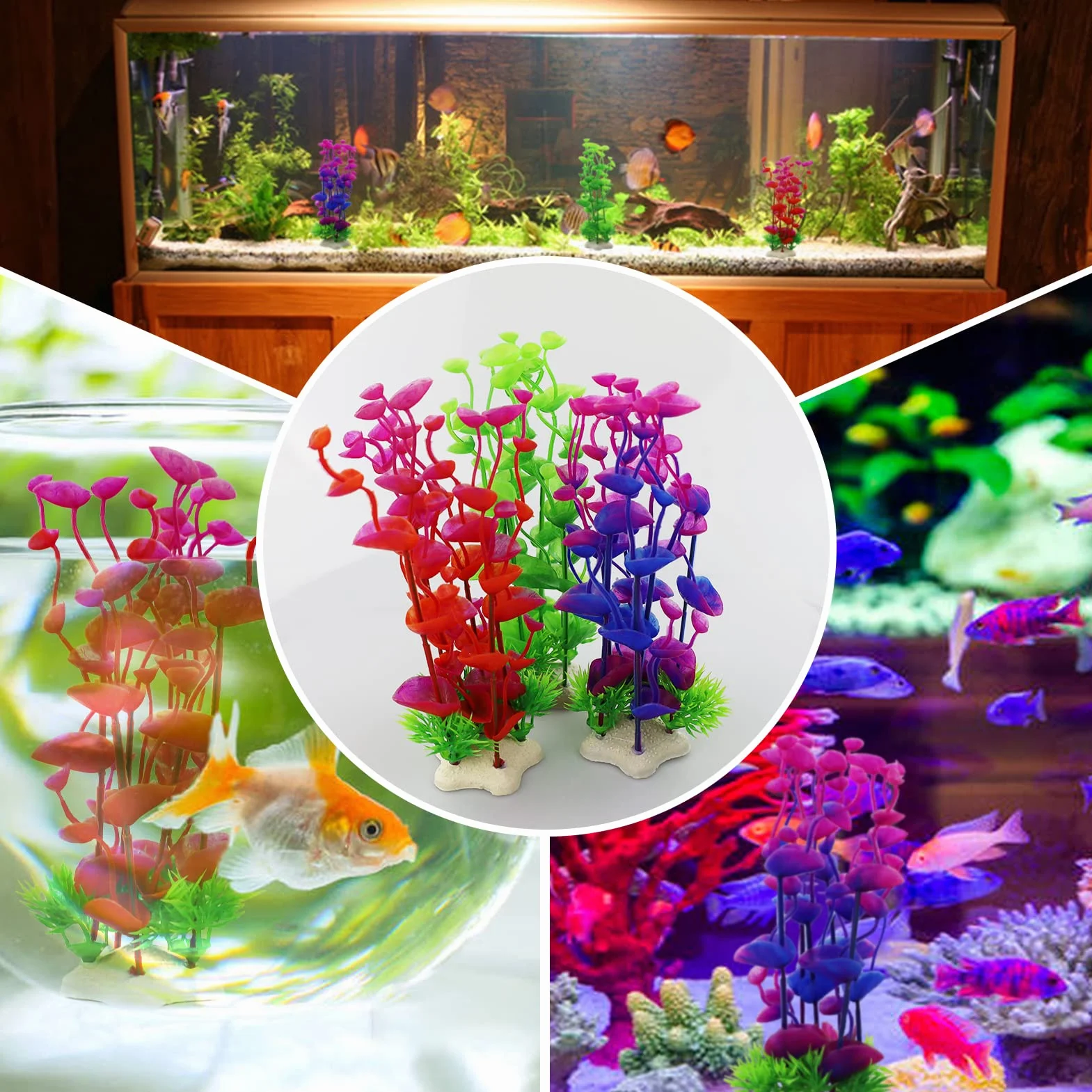 Lot de 3 plantes artificielles pour aquarium, plantes décoratives en plastique, plantes aquatiques pour poissons – 3 couleurs