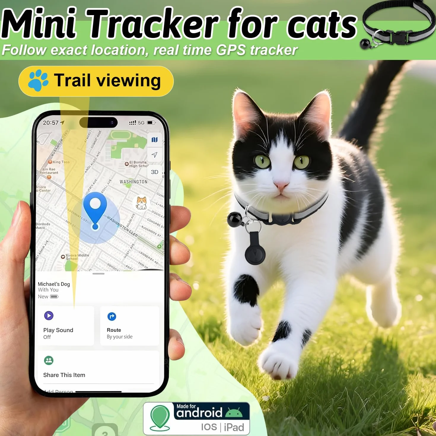 Collier GPS Chat Chien Traceur sans Abonnement Localisation Temps Réel Étanchéité iOS Android