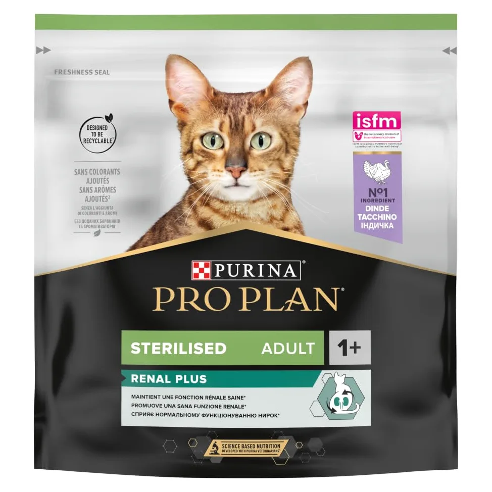 PURINA PRO PLAN | Sterilised Adult 1+ Renal Plus | Riche en Dinde | Croquettes | Chat | Sac de 400g | Lot de 8