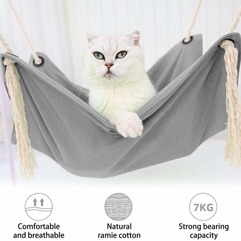 DONGKER Hamac Cage pour Chat,Nid Suspendu Respirant pour Animaux de Compagnie en Coton et Lin avec 4 Crochets pour Chats de Moins de 7Kg/15 Lbs Lapins Furets Chinchillas